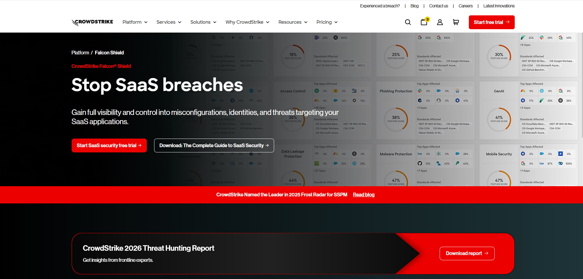 CrowdStrike Falcon Shield provides SaaS security visibility and control to detect misconfigurations, identity risks, and application threats.