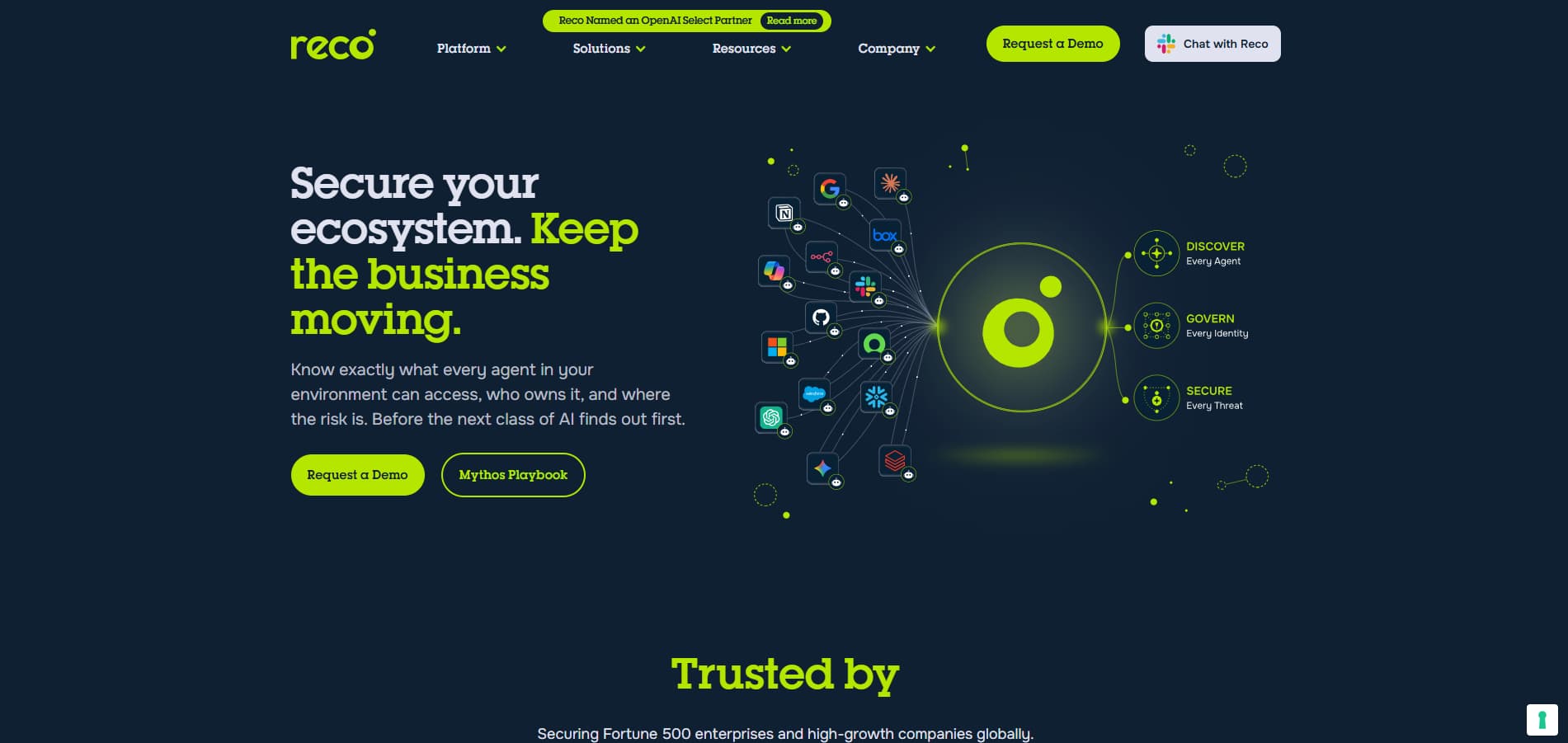 Reco cybersecurity homepage showing app integrations and a central security hub for discovering, governing, and securing AI agents.