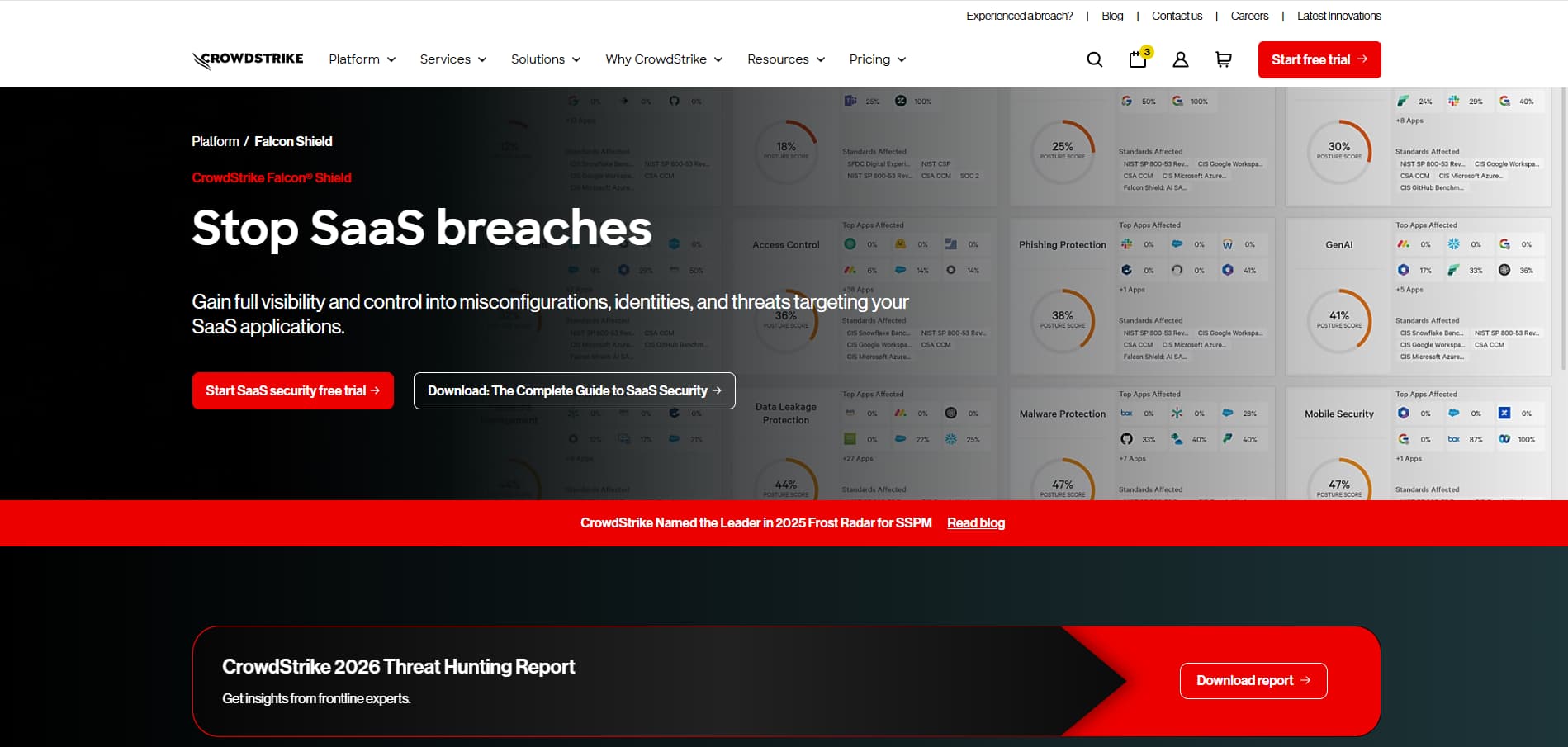 CrowdStrike Falcon Shield webpage promoting SaaS breach prevention, security visibility, a free trial, and the 2026 Threat Hunting Report.
