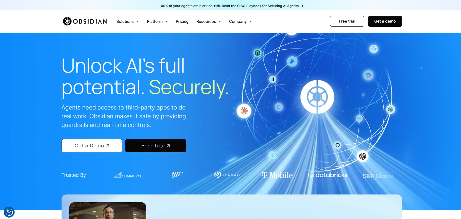Obsidian Security homepage promoting secure AI agent access to third-party apps, with real-time controls, free trial, and demo options.