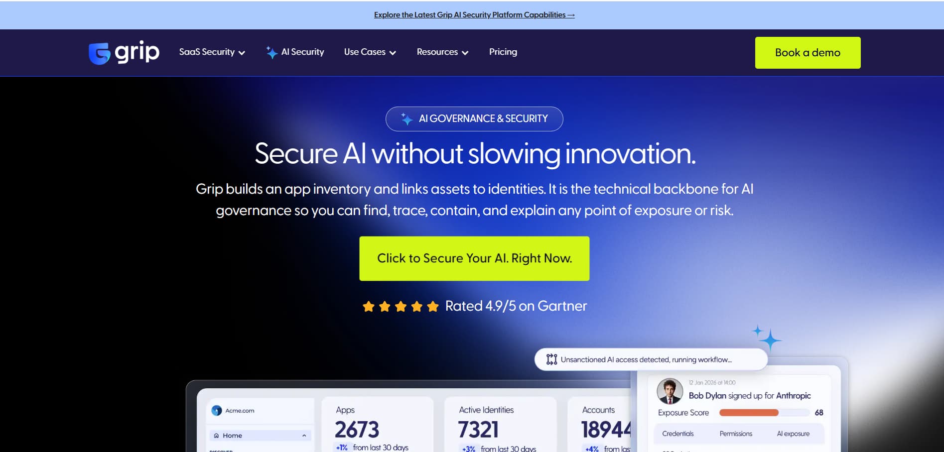 Grip Security homepage promoting AI governance and security, with app inventory, identity tracking, risk detection, and a demo option.