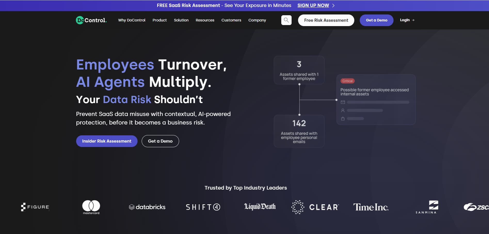 DoControl homepage promoting AI-powered SaaS data protection against employee turnover and AI agent risks, with risk assessment and demo options.