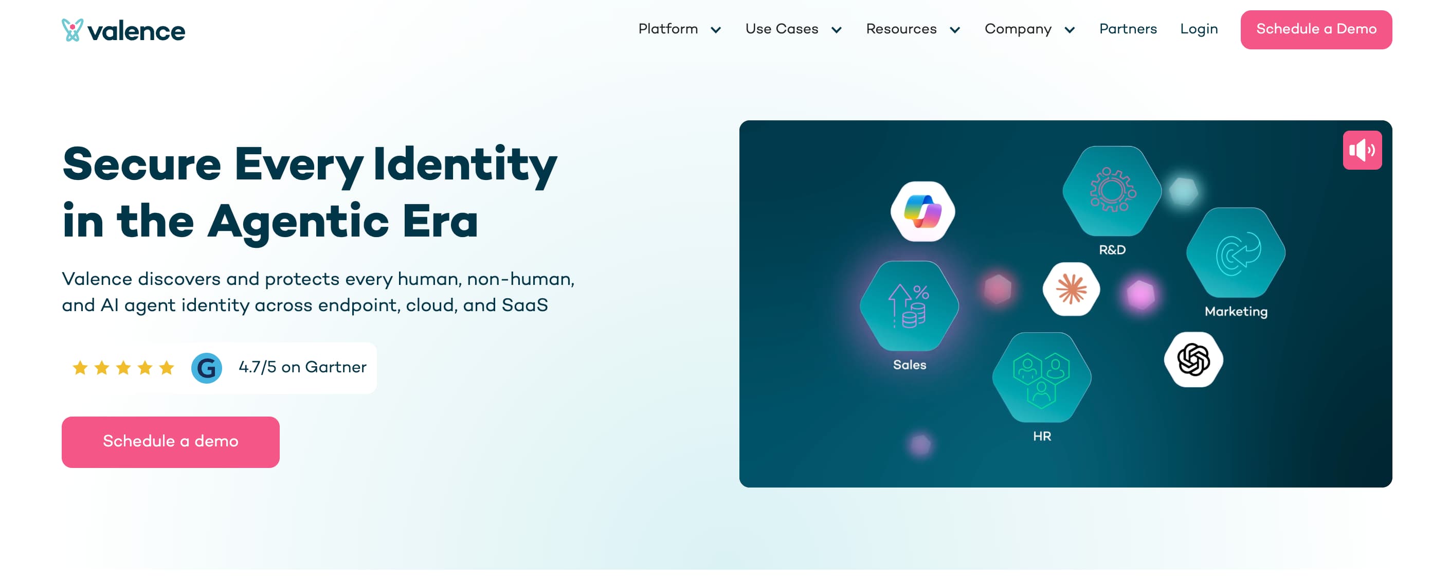 Valence Security homepage promoting SaaS and AI security with visibility, AI agent adoption, risk remediation, and demo options.