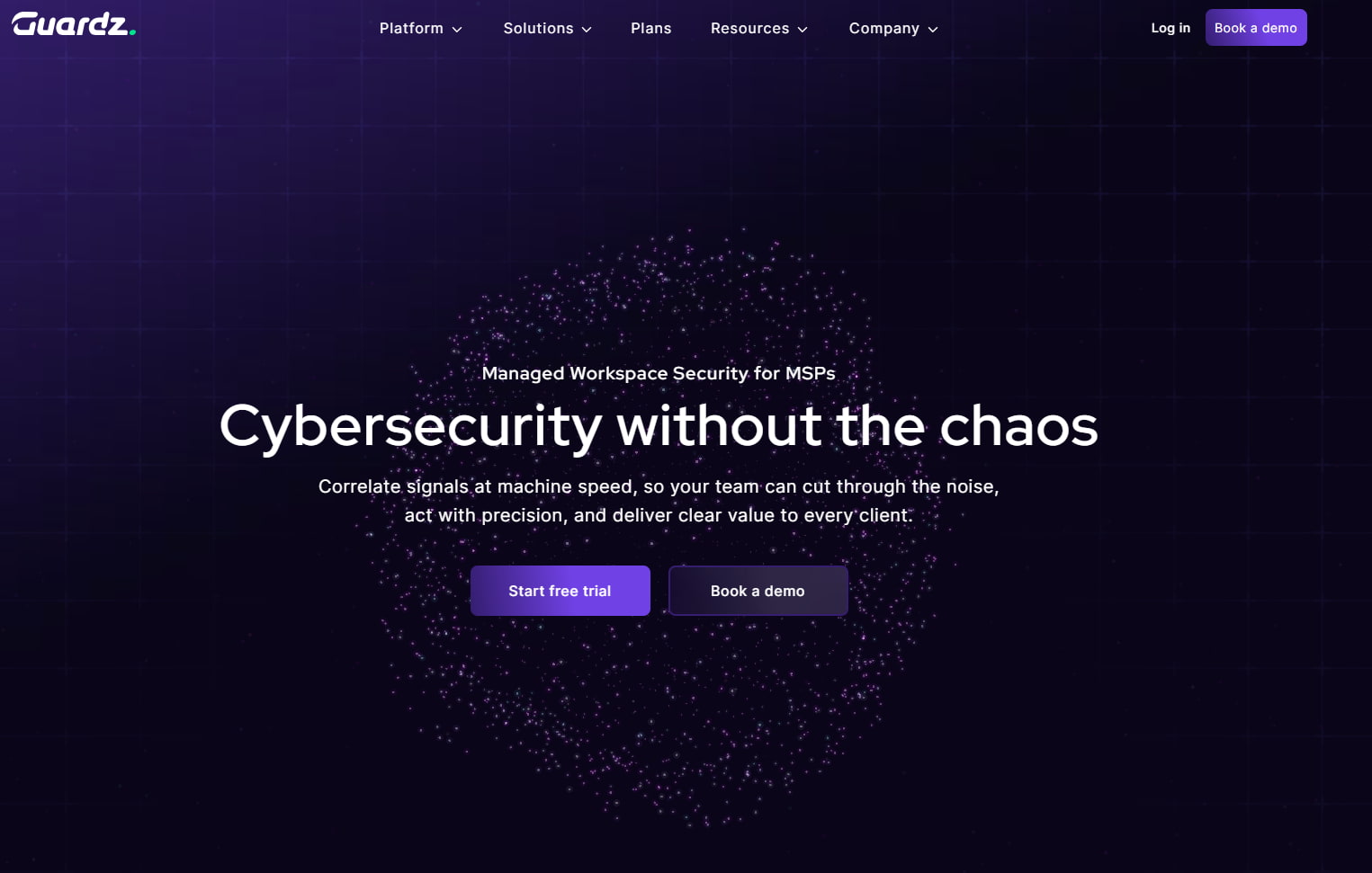Guardz cybersecurity platform homepage highlighting managed workspace security for MSPs, with free trial and demo options.