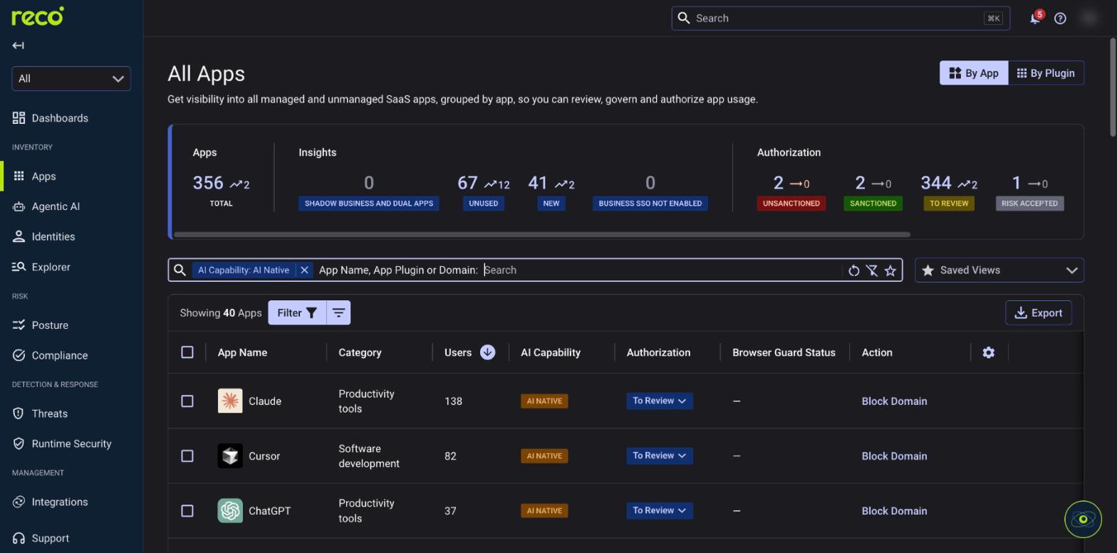 Reco All Apps dashboard showing 356 SaaS apps, AI capability filters, authorization statuses, and usage data for Claude, Cursor, and ChatGPT.