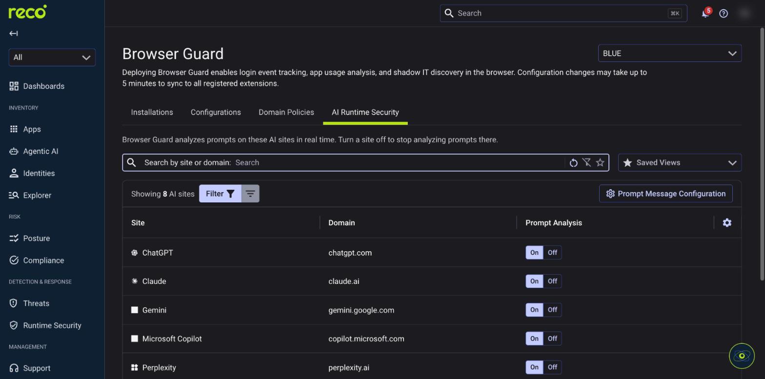 Reco Browser Guard dashboard showing AI Runtime Security settings with prompt analysis enabled for ChatGPT, Claude, Gemini, Copilot, and Perplexity.
