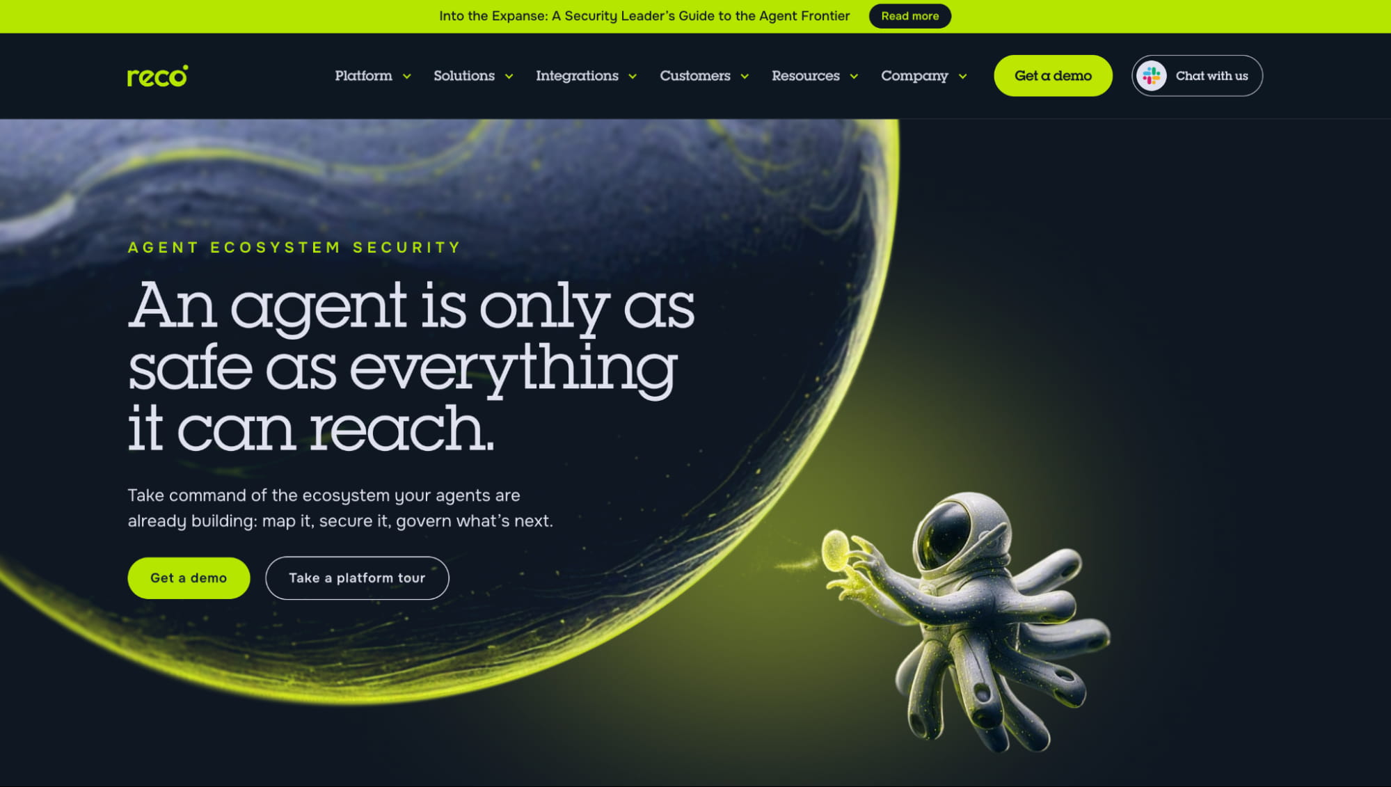 Reco homepage promoting AI agent ecosystem security, featuring a space-themed illustration, security messaging, and demo and platform tour buttons.