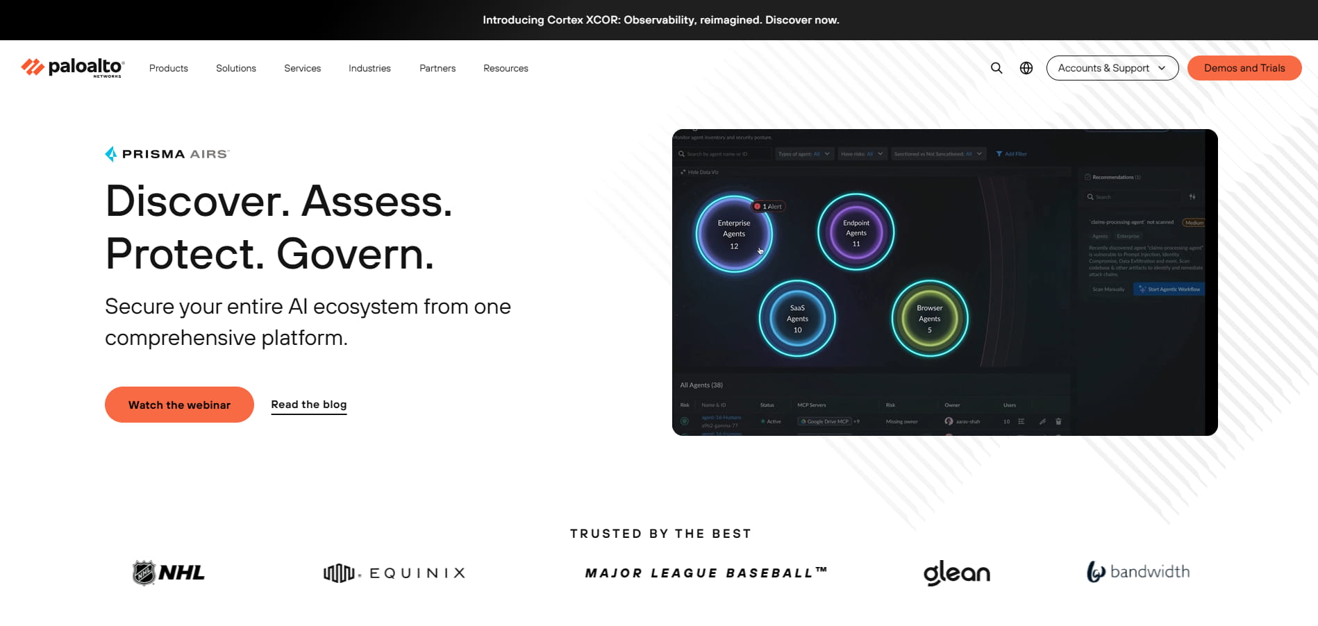 Palo Alto Networks Prisma AIRS webpage showcasing AI ecosystem security, an agent monitoring dashboard, webinar links, and trusted customer logos.