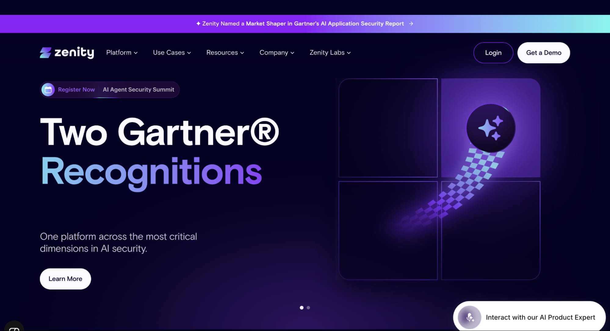 Zenity homepage highlighting two Gartner recognitions in AI security, featuring purple graphics, a Learn More button, and an AI chat assistant.