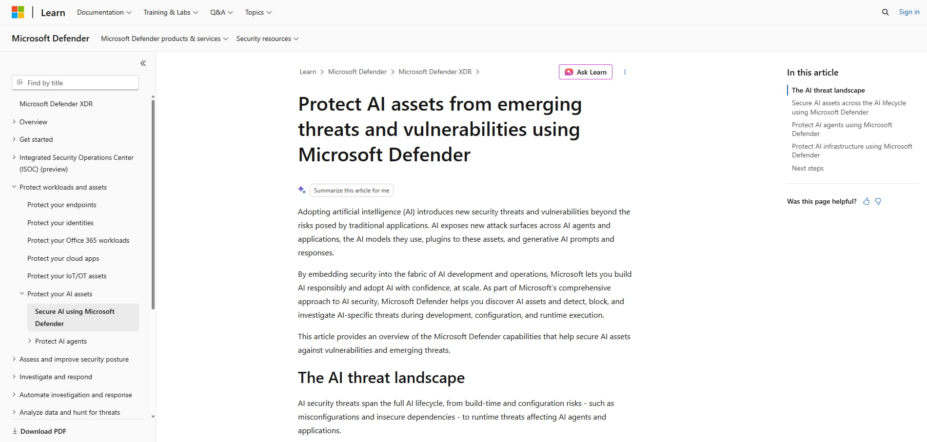 Microsoft Learn documentation page explaining how Microsoft Defender protects AI assets, agents, and infrastructure from emerging security threats.