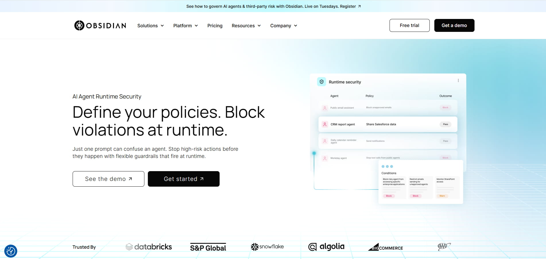 Obsidian AI Agent Runtime Security webpage showcasing policy enforcement, real-time threat blocking, security dashboard, and customer logos.