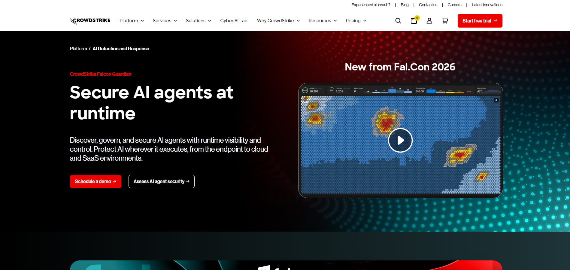 CrowdStrike Falcon Guardian webpage highlighting AI agent runtime security, with a threat visualization dashboard and demo and security assessment buttons.