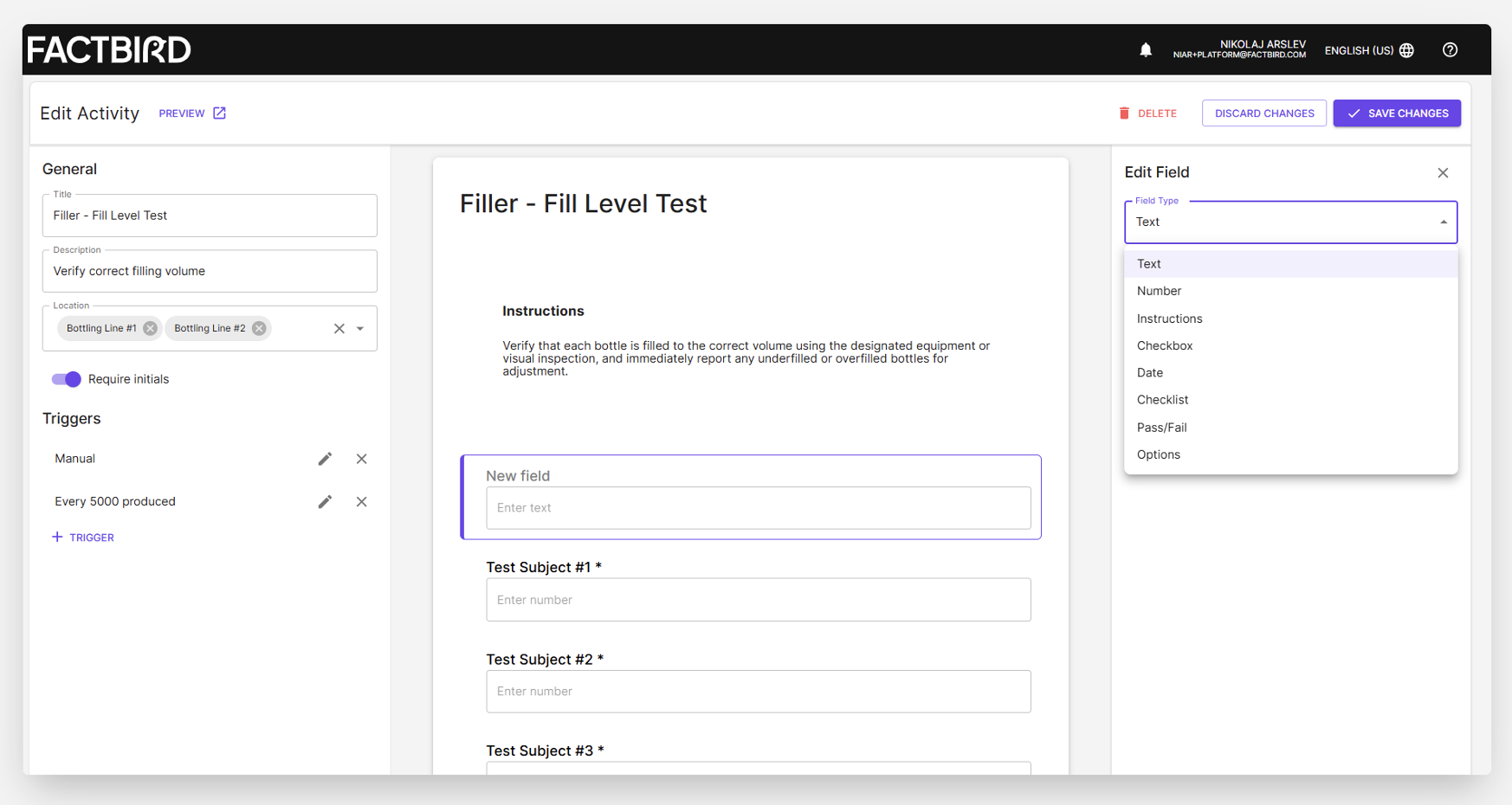 2 Factbird Activities Fill level test