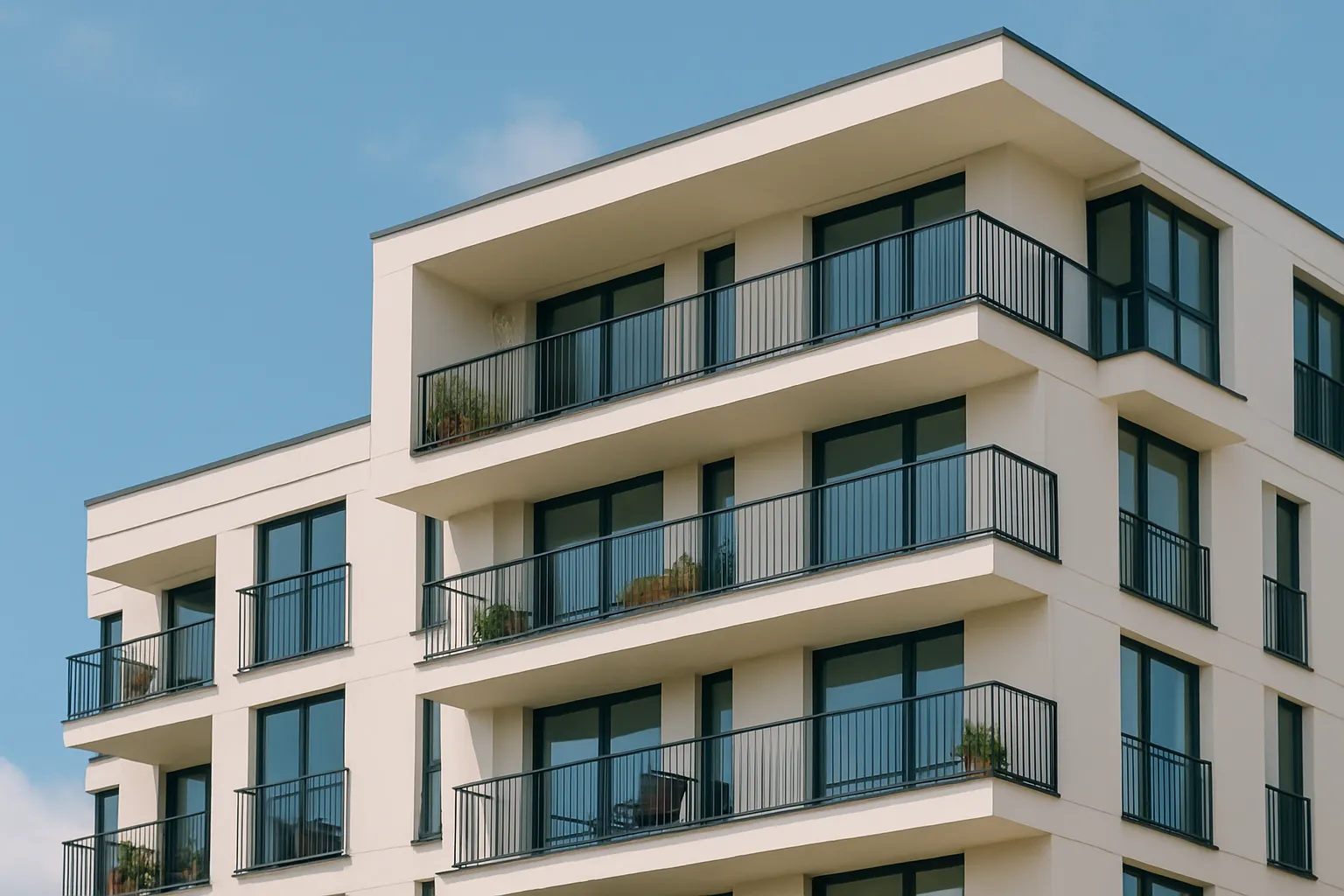 Plano medio de la fachada exterior de un edificio residencial moderno de color blanco con balcones de barandilla negra, simulando bloques de pisos afectados por la nueva regulación de vivienda turística y comunidades de vecinos en España
