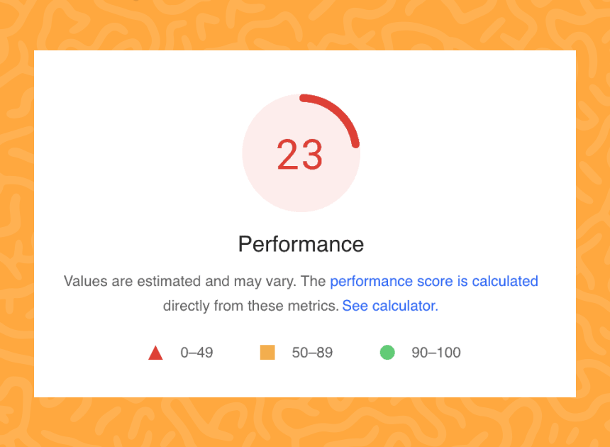 A screenshot of a slow Google PageSpeed score of 23