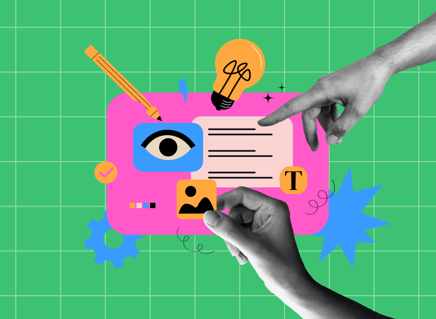 two hands pointing at a grahpic that represents aspects of wireframing and other design materials