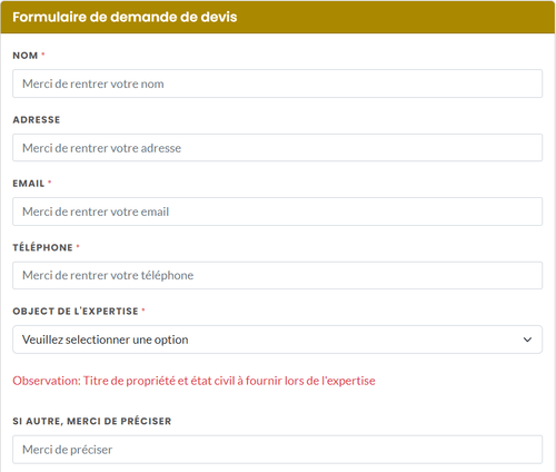 Contact form from the website of Alexandrine Renner Expertise