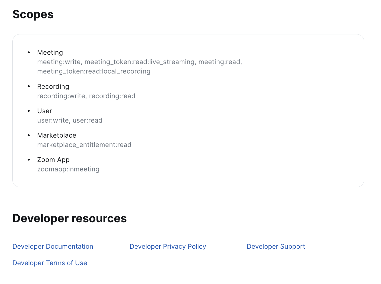 Scopes and developer resources.