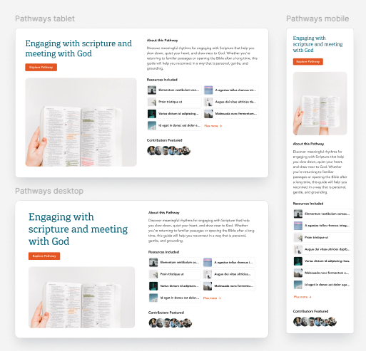 Three versions of a webpage titled 'Engaging with scripture and meeting with God' displayed on tablet, desktop, and mobile screens, showing text sections, resource lists with icons, contributor avatars, and an image of a hand holding an open book.