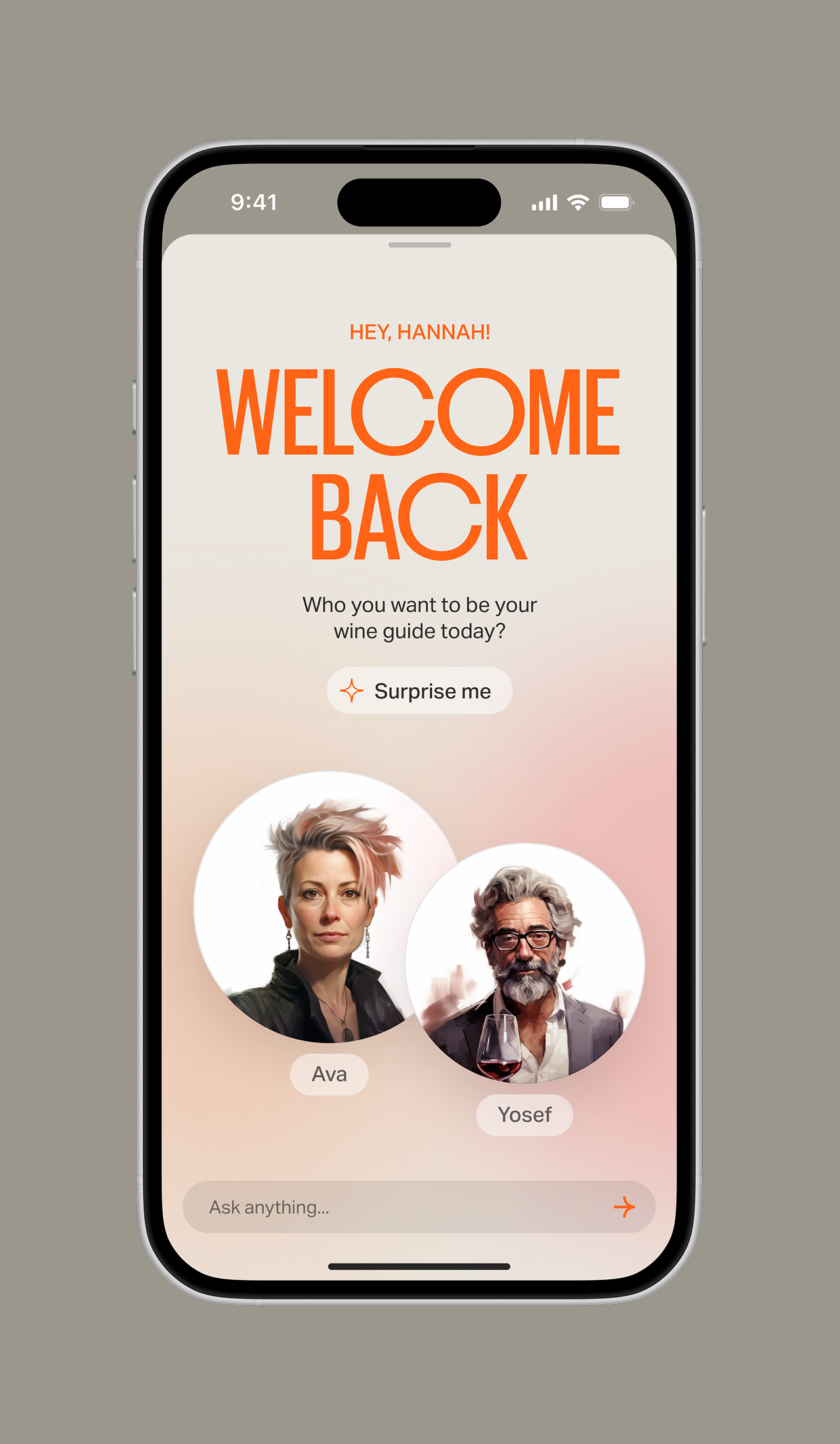 Smartphone screen showing a wine guide app welcoming user Hannah with options to choose wine guides Ava or Yosef or a 'Surprise me' button.