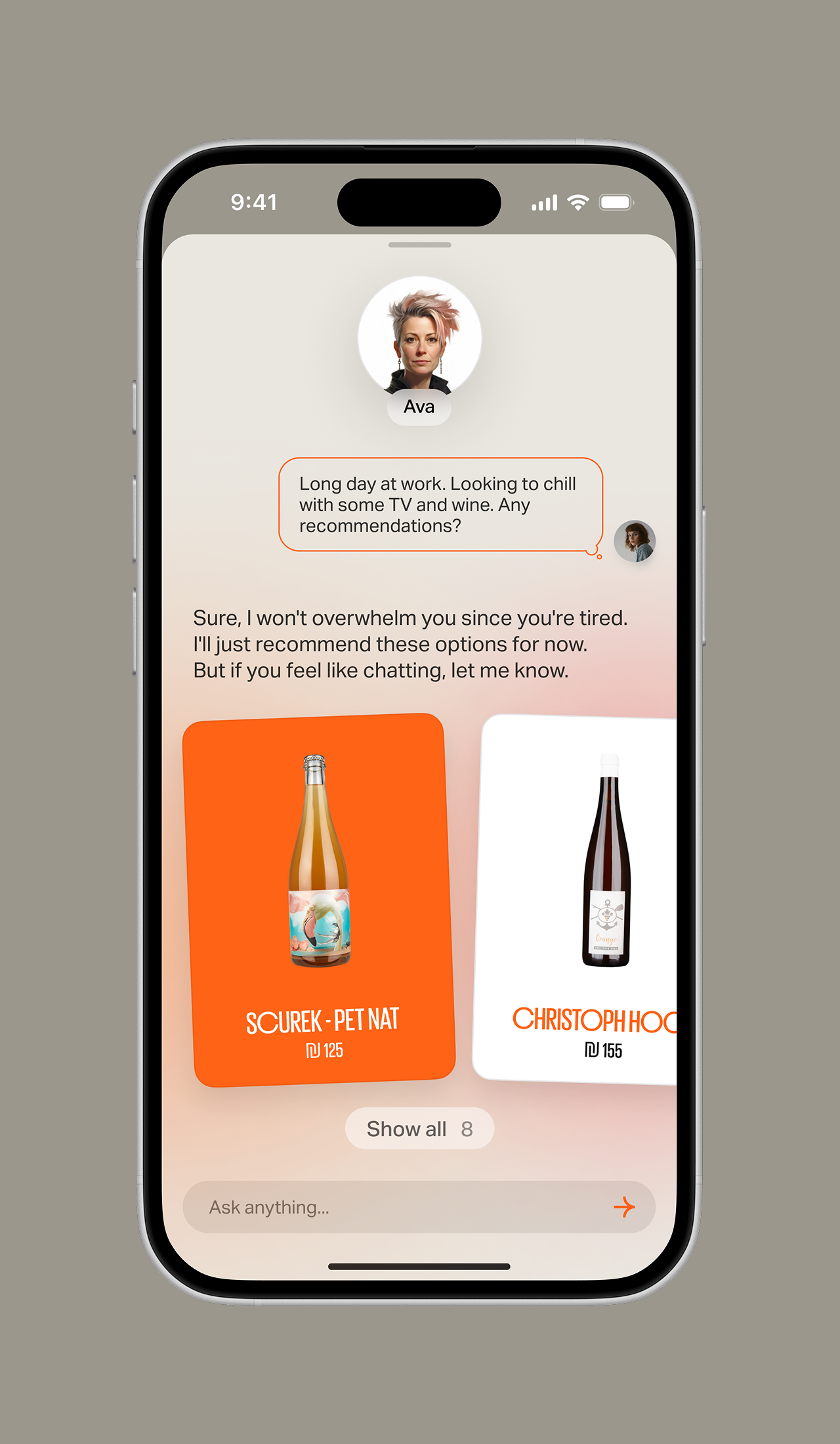Smartphone screen showing a chat conversation where Ava asks for wine and TV recommendations; response suggests two wines, Scurek Pet Nat priced at 125 and Christoph Hock priced at 155.