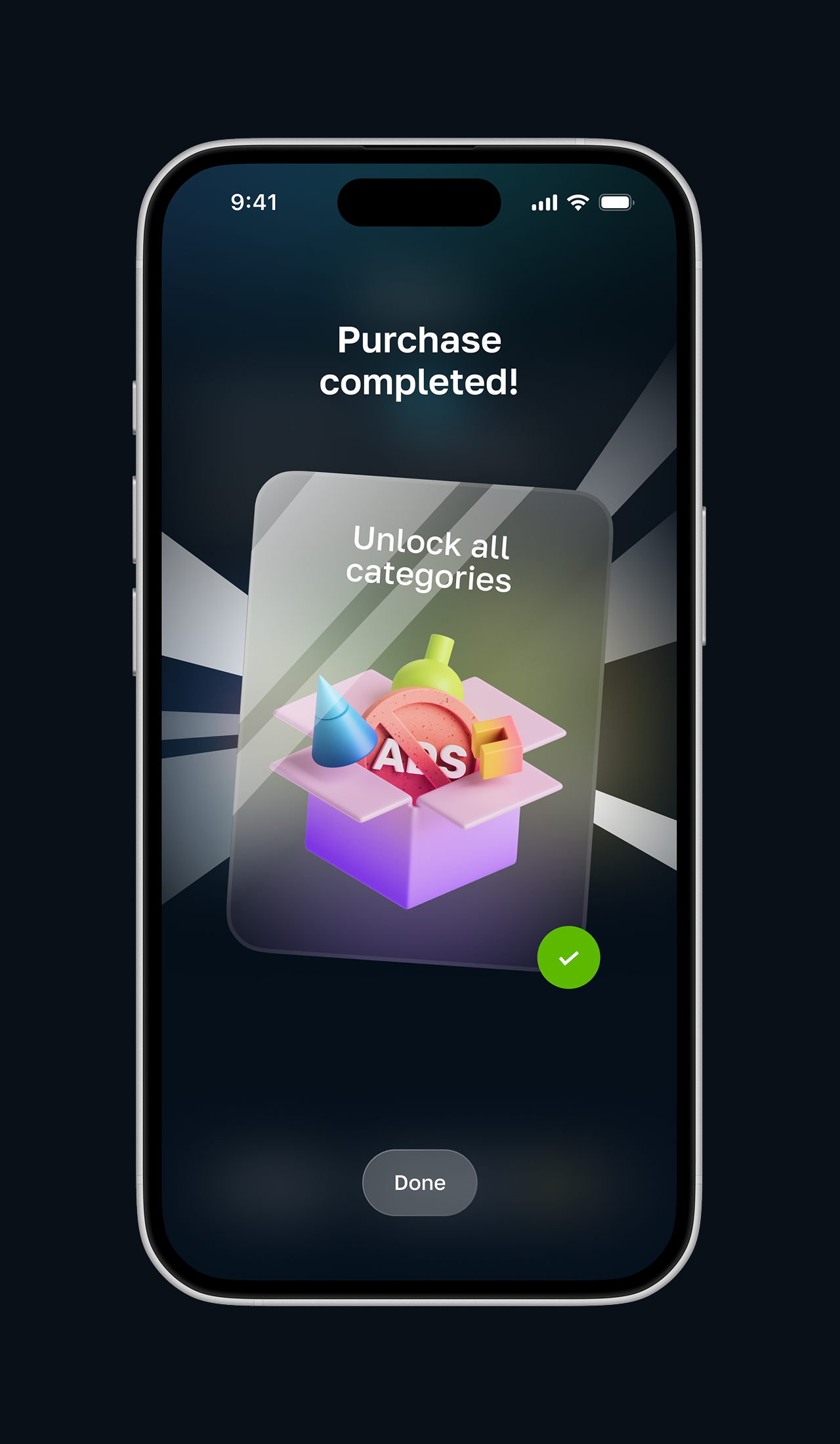 Smartphone screen displaying 'Purchase completed!' message with an illustration of a purple box containing geometric shapes and a no symbol over 'ADS', labeled 'Unlock all categories', and a Done button below.