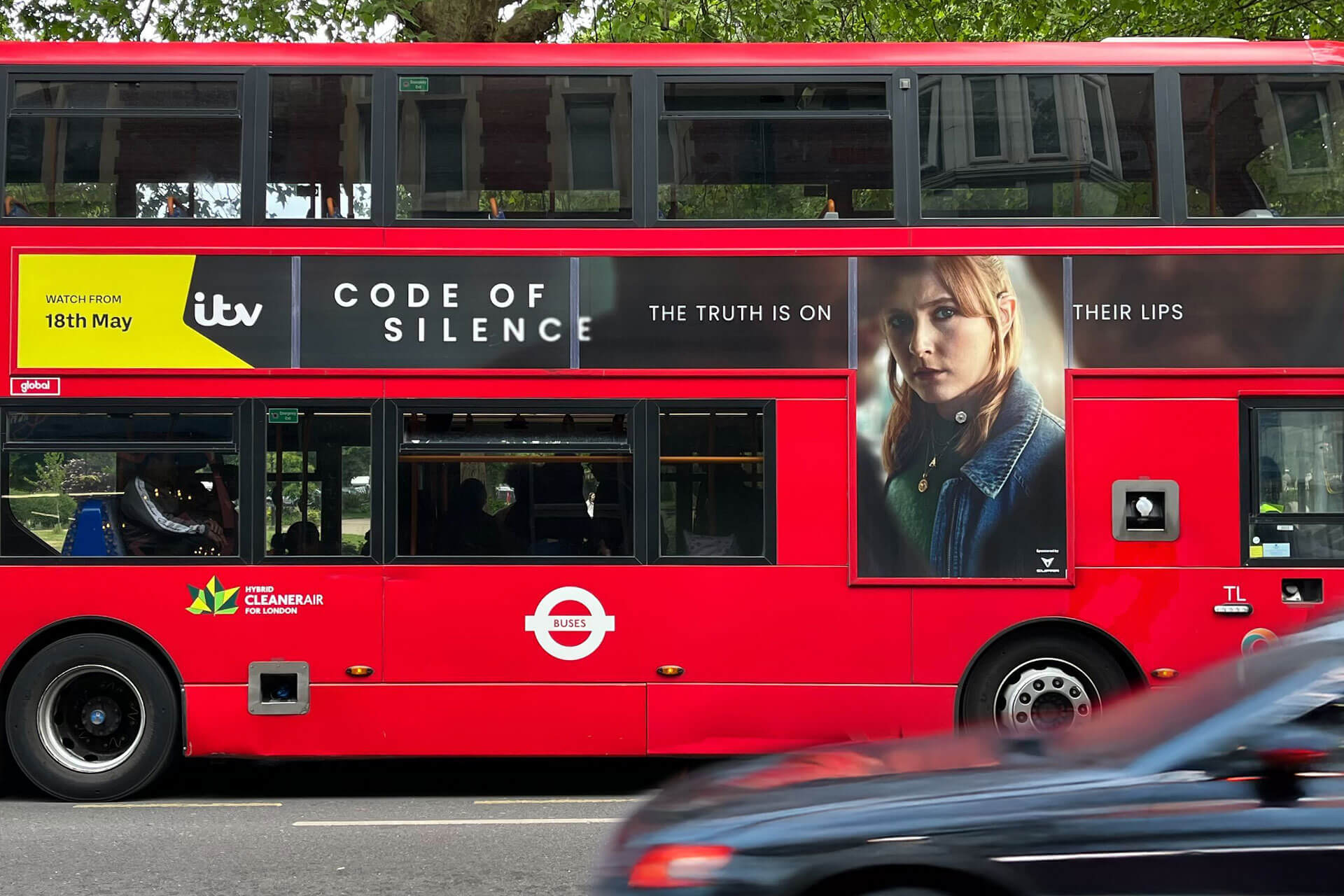 ITV Brand Identity design created by Studio Kiln demonstrated on a London bus side Out Of Home campaign design  for TV show 'Code Of Silence'.