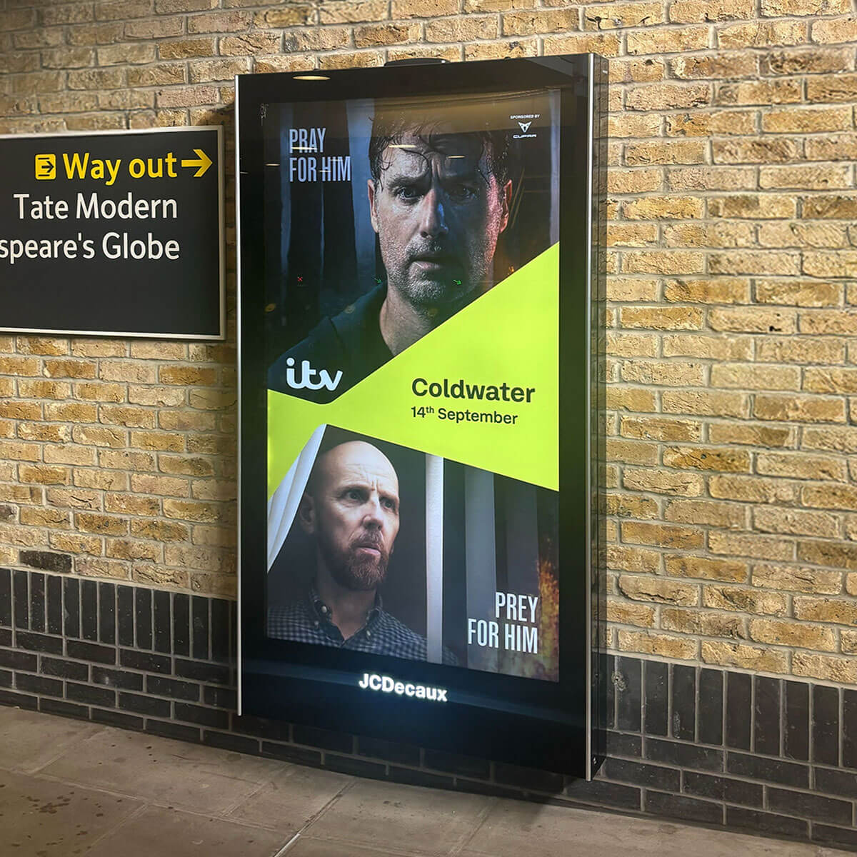 ITV Brand Identity design created by Studio Kiln demonstrated on a London digital 6 Sheet Out Of Home campaign design for TV show 'Coldwater'.