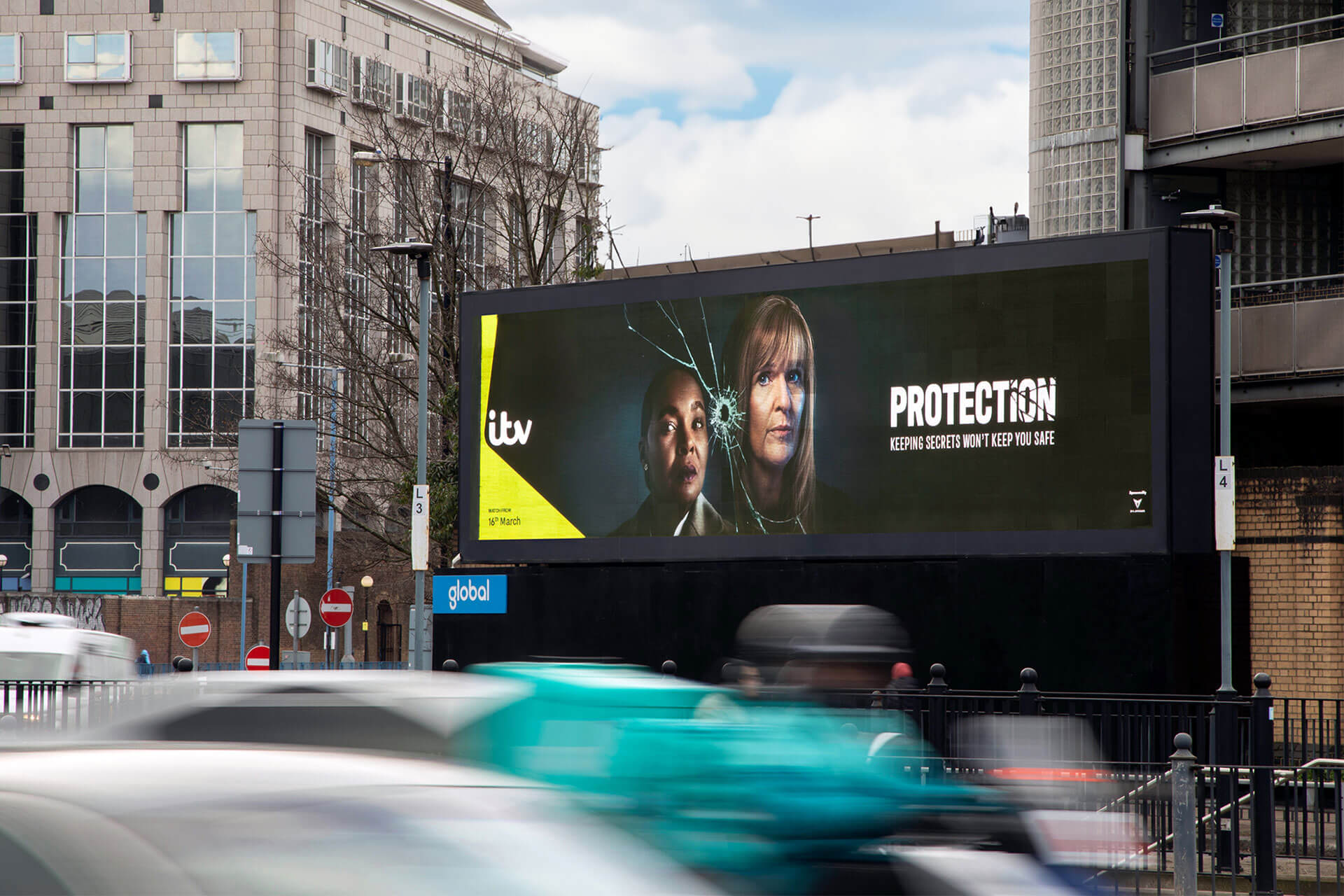 ITV Brand Identity design created by Studio Kiln demonstrated on a London digital 96 Sheet Out Of Home campaign design for TV show 'Protection'.