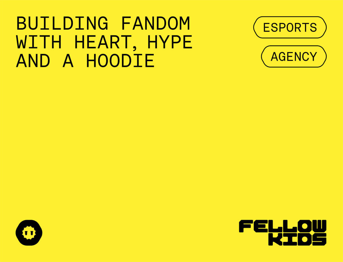 Typographic social layout with the line 'Building fandom with heart, hype and a hoodie' designed by Studio Kiln as part of their Fellowkids rebrand / brand identity.