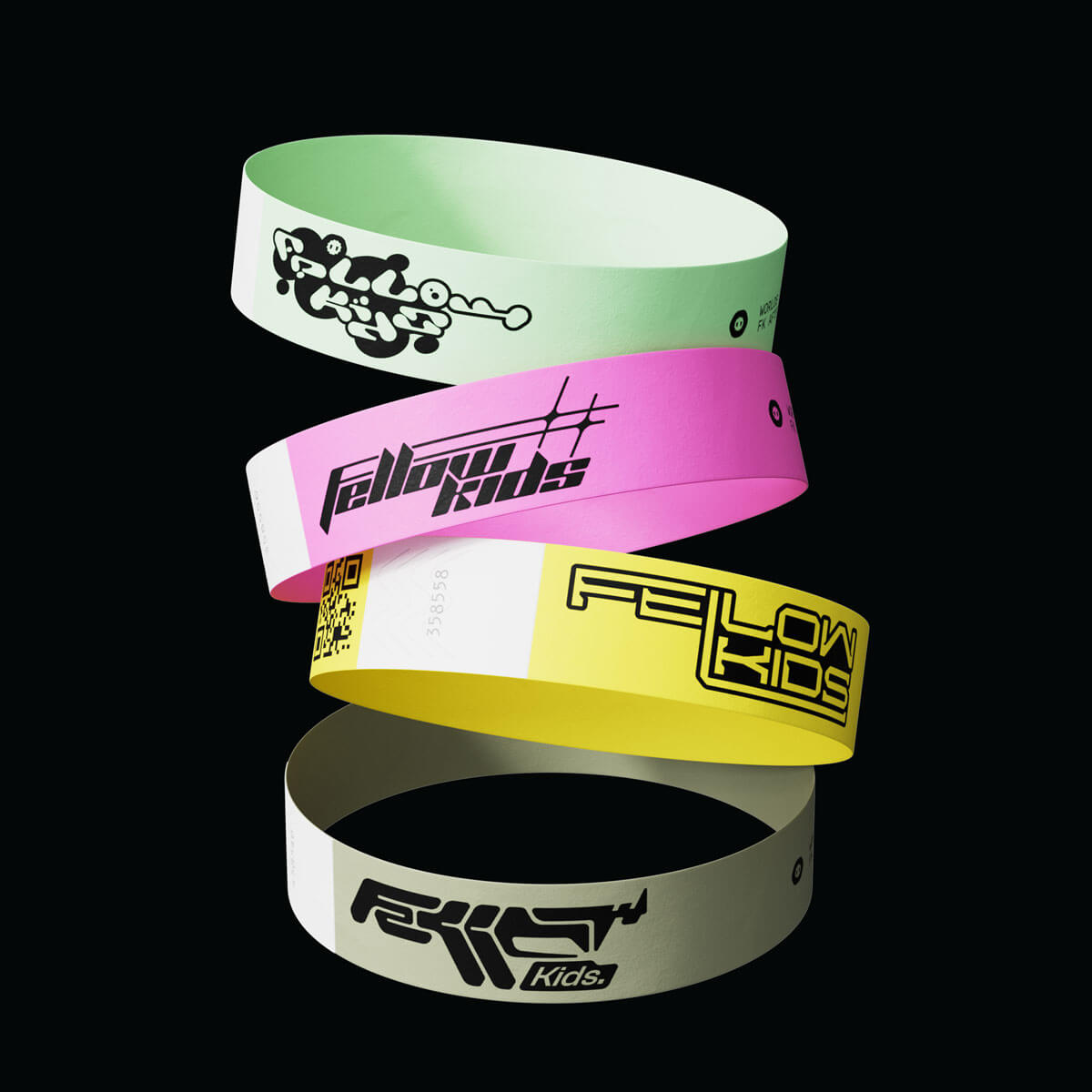 Event wristbands in a variety of colours with Y2K 'Fellowkids' alt logos designed by Studio Kiln as part of their Fellowkids rebrand / brand identity.