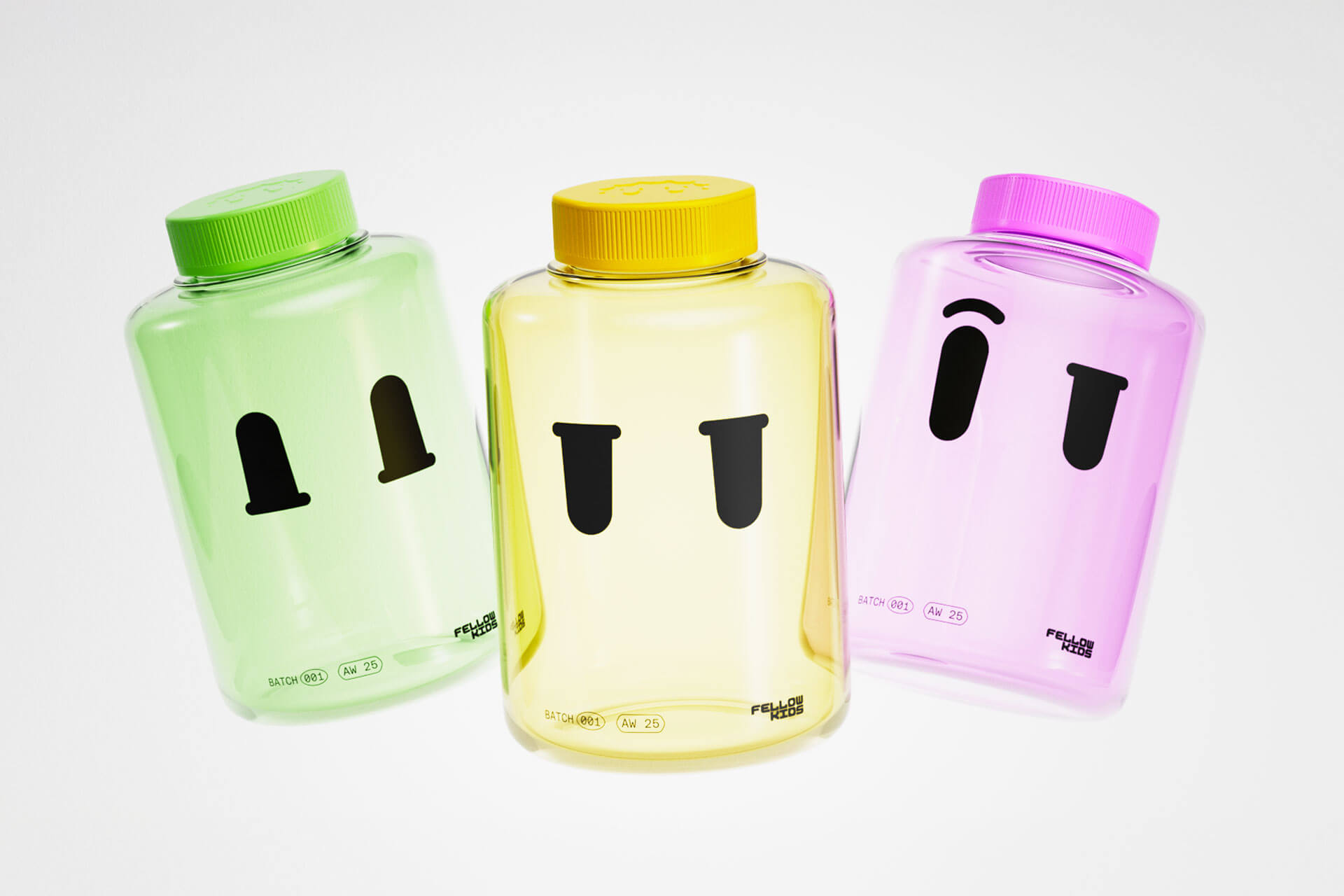 Water bottle merch with different eye expressions designed by Studio Kiln as part of their Fellowkids rebrand / brand identity.