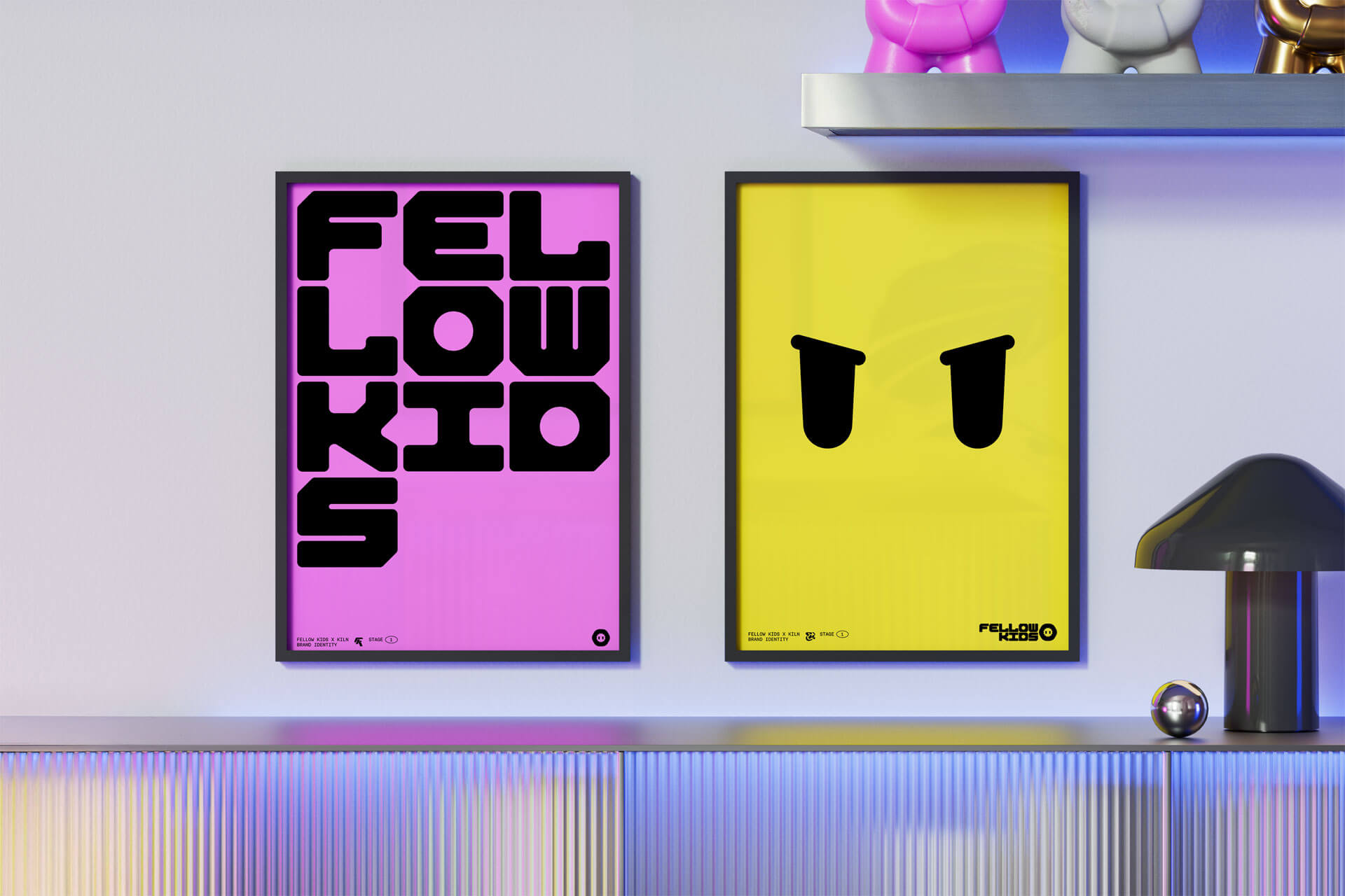 Poster designs framed in a gamer's room designed by Studio Kiln as part of their Fellowkids rebrand / brand identity.