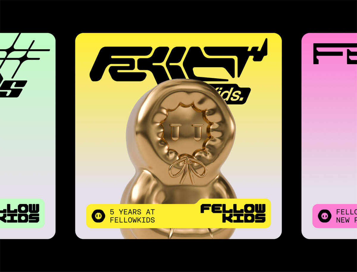 Social posts carousel featuring the Fellowkids character designed by Studio Kiln as part of their Fellowkids rebrand / brand identity.