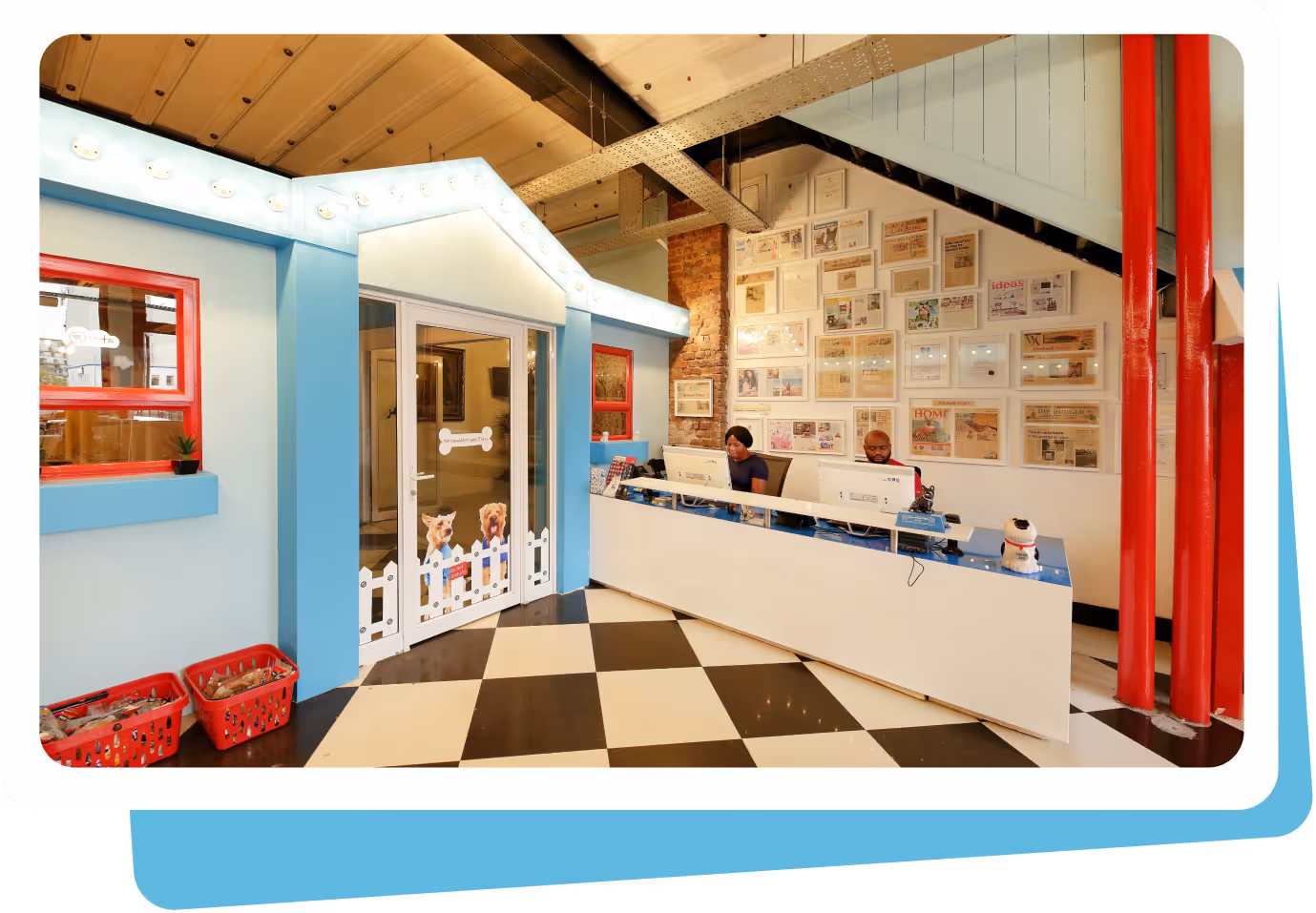 The professional reception and welcome area at atFrits Dog Hotel, where we greet our guests and maintain our high standard of care for the Cape Town dog community.