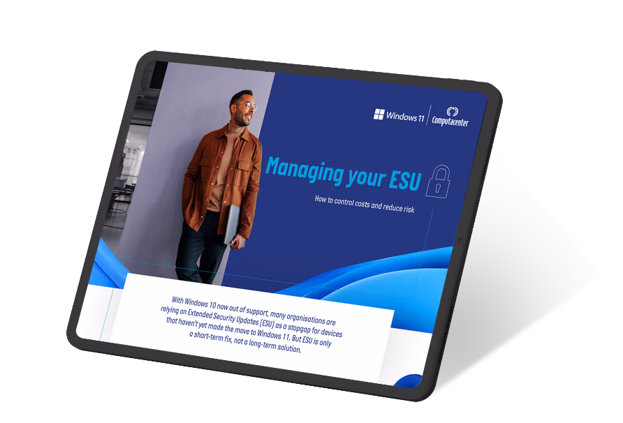 Tablet screen showing a presentation titled 'Managing your ESU' with a man in a brown jacket holding a laptop, featuring Windows 11 and Computacenter logos.