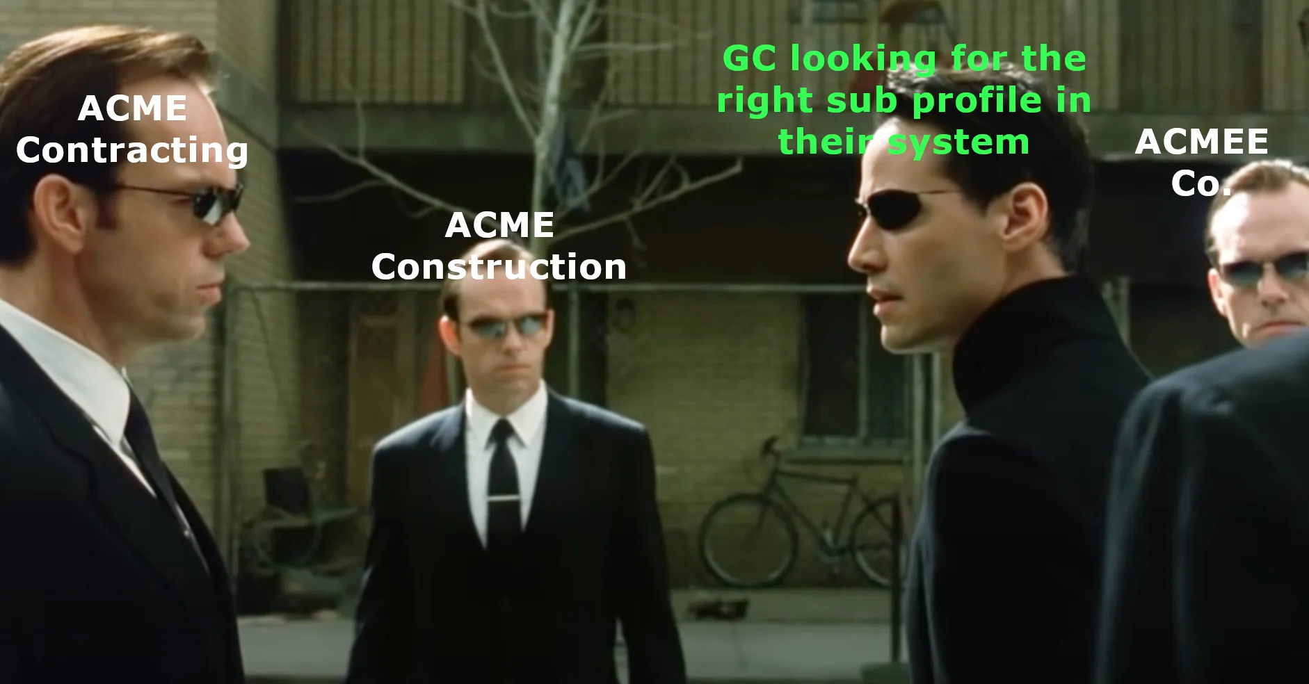 Neo and multiple Agent Smiths representing vendor duplicated profiles in procurement sofware.