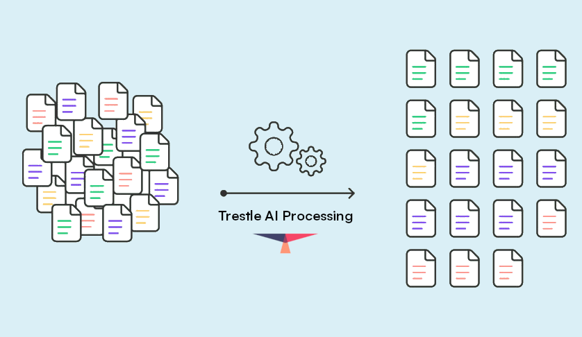 Illustration of vendor profile sheets being prequalified and organized by Trestle's AI processing.