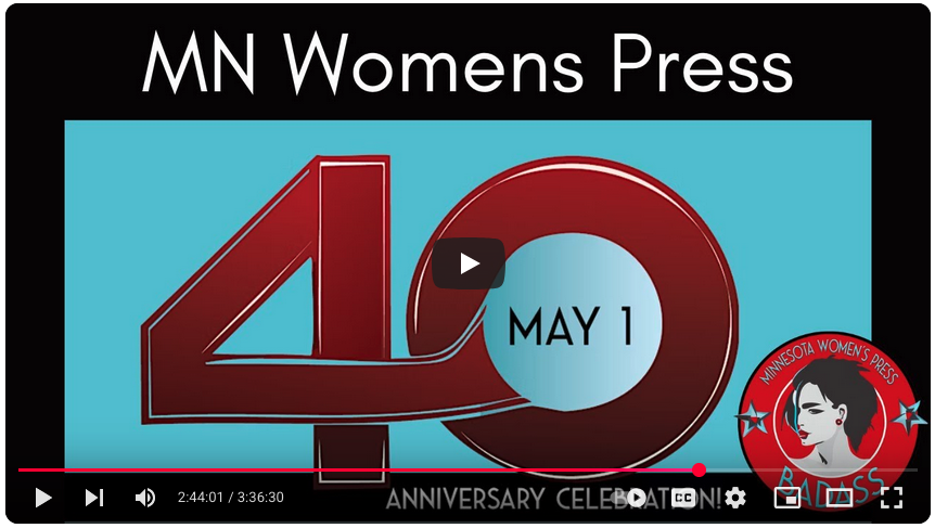 A screenshot of the Minnesota Women's Press 40th anniversary logo with a large red 4 and 0 on a blue background