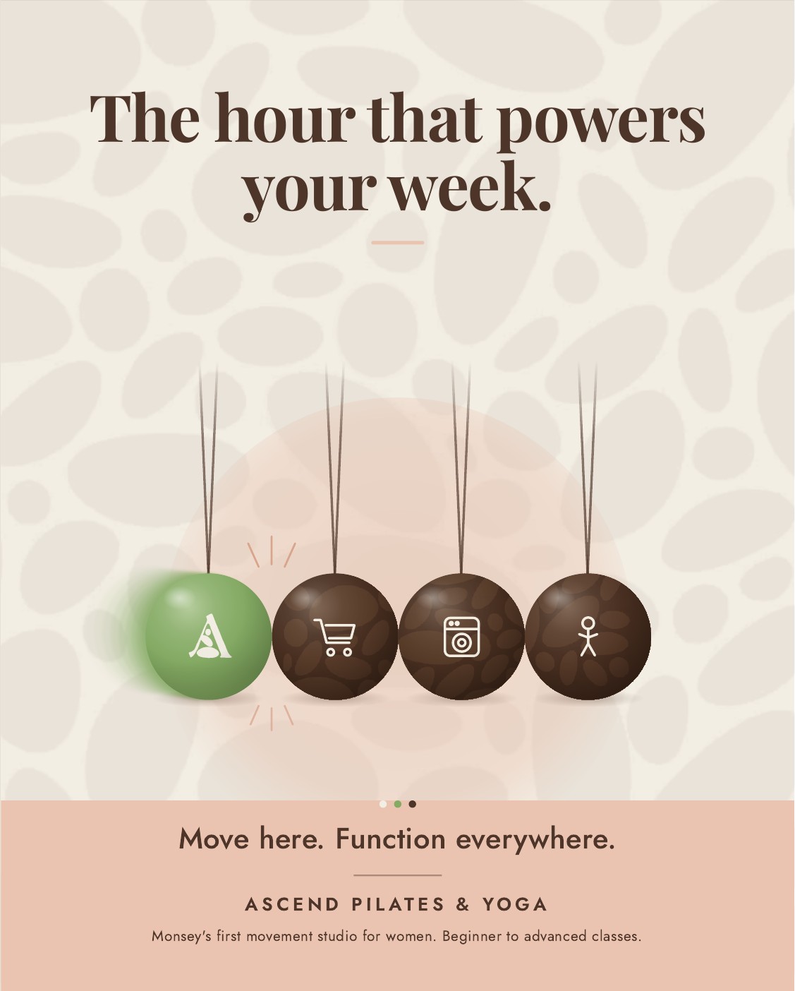 Second ad in the series: the green Ascend ball strikes the row. Headline: The hour that powers your week.