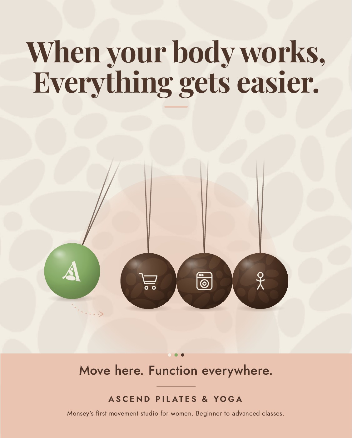 Ascend ad with a Newton's cradle: a green ball marked with the Ascend logo is pulled back, about to strike three balls marked with a shopping cart, a washing machine, and a person. Headline: When your body works, everything gets easier.