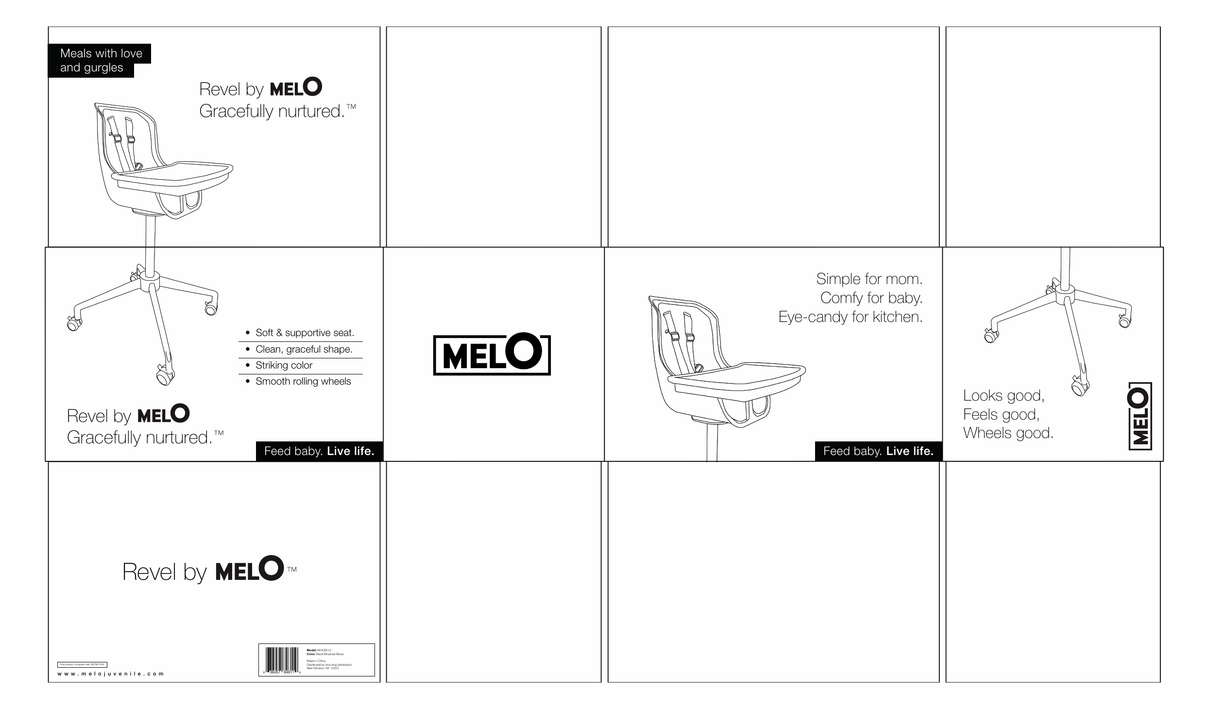 Flat packaging layout for the Revel high chair box, with line drawings of the chair and the copy on each panel.