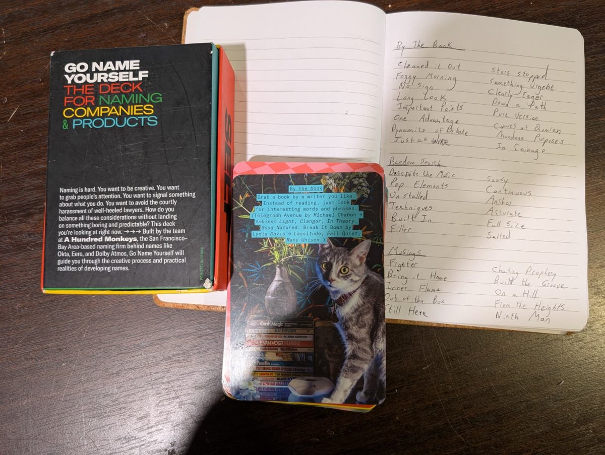 The Go Name Yourself naming card deck beside a notebook page of handwritten name ideas in columns.