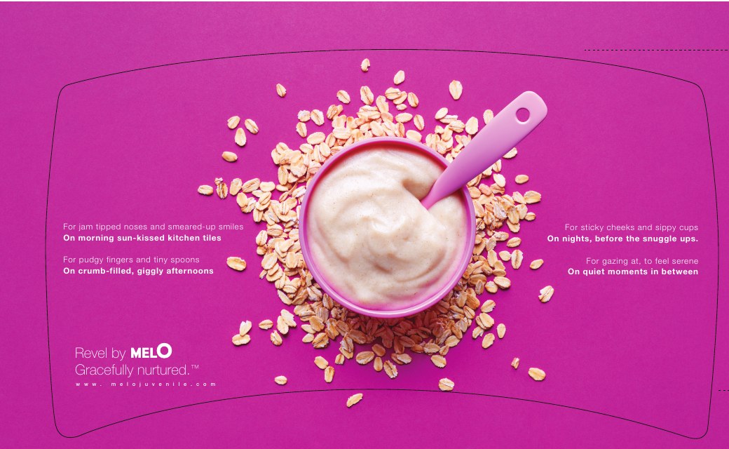 Printed high chair tray insert for Revel by MelO: a bowl of baby cereal on a magenta background, with the poem set on either side.