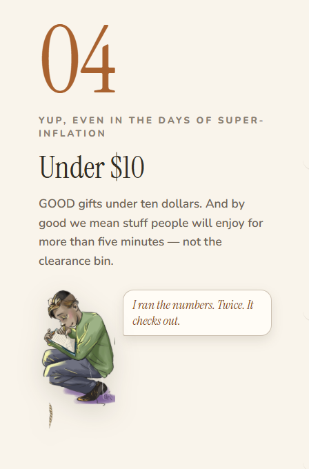 Gift guide section: Under $10. An illustrated boy with a notebook says, I ran the numbers. Twice. It checks out.