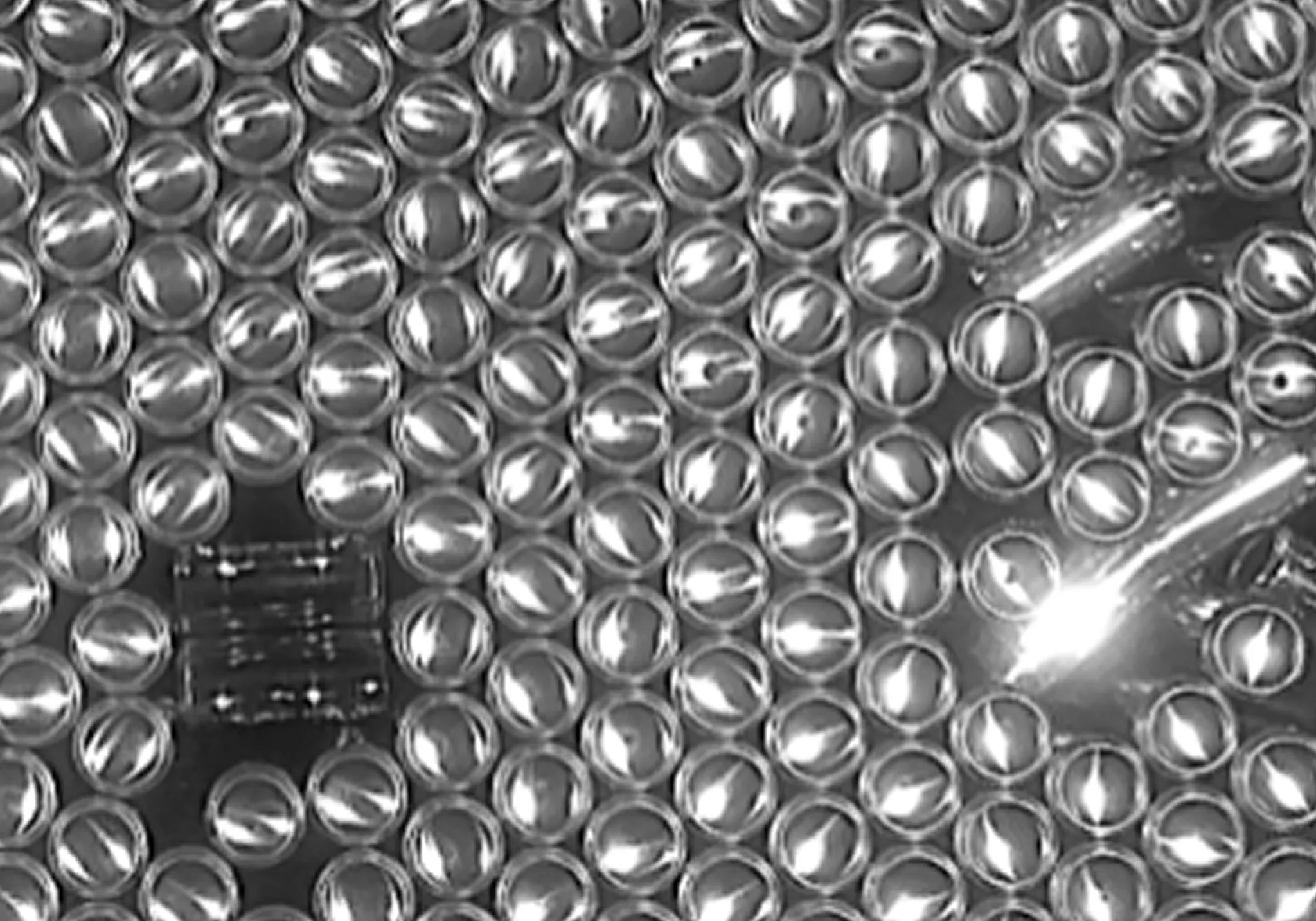 WashGuard system view, top-down over the production line showing cans in proper orientation with a few units that have fallen down.