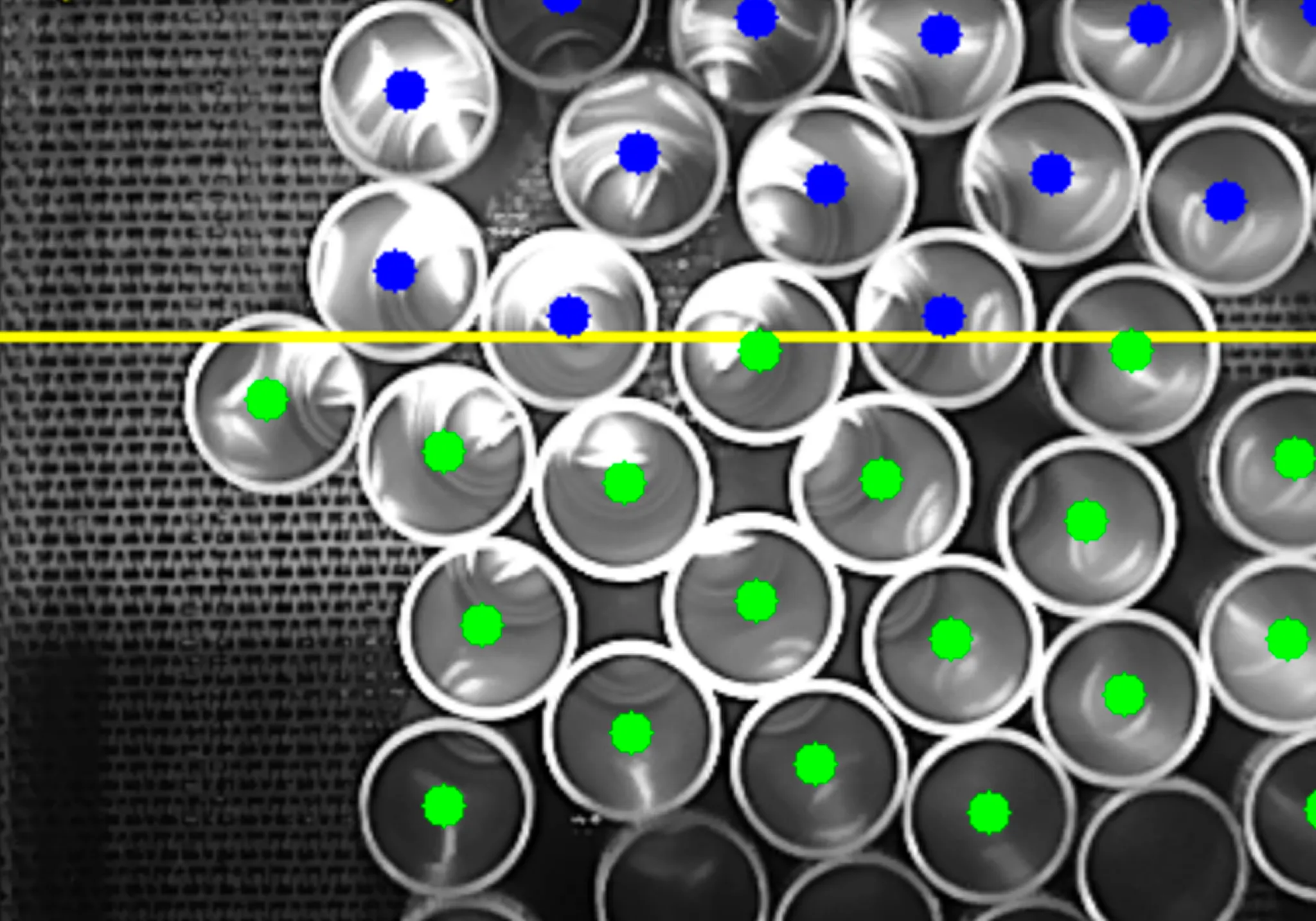 MassIntell system view with an overlay of computer vision dots highlighting each individual can.
