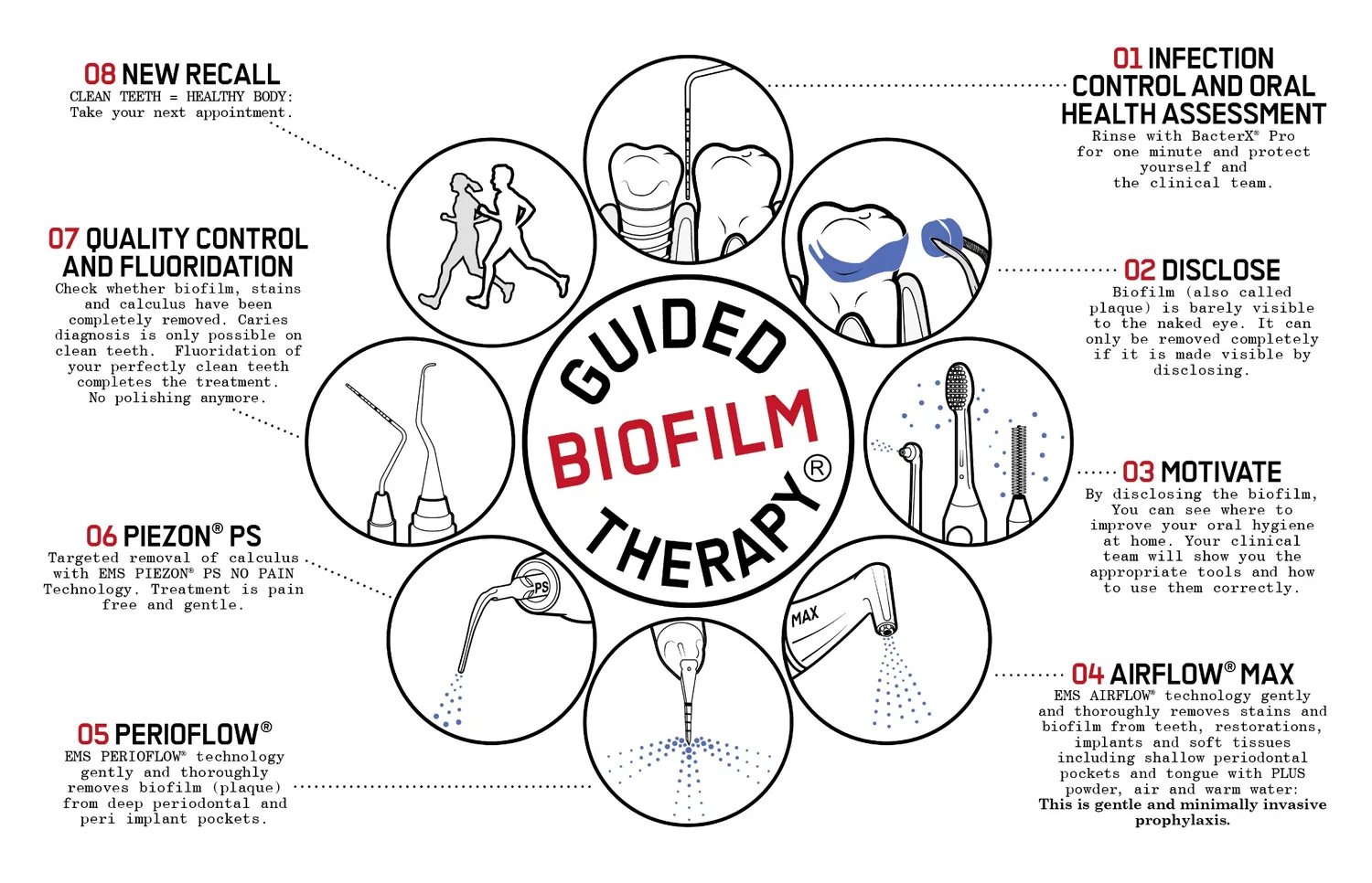 Educational diagram showing the eight steps of Guided Biofilm Therapy