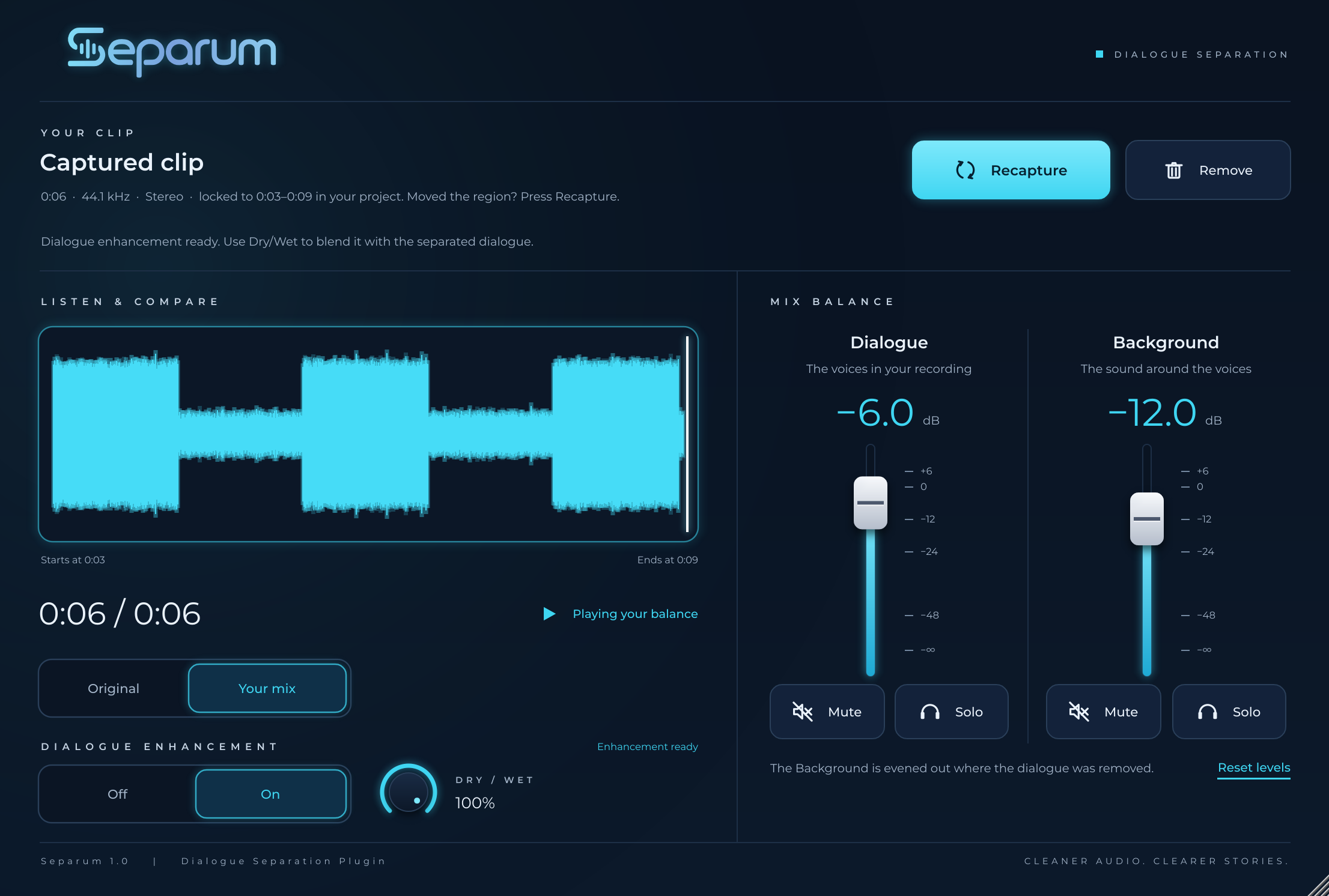 The Separum plugin interface showing dialogue and background faders