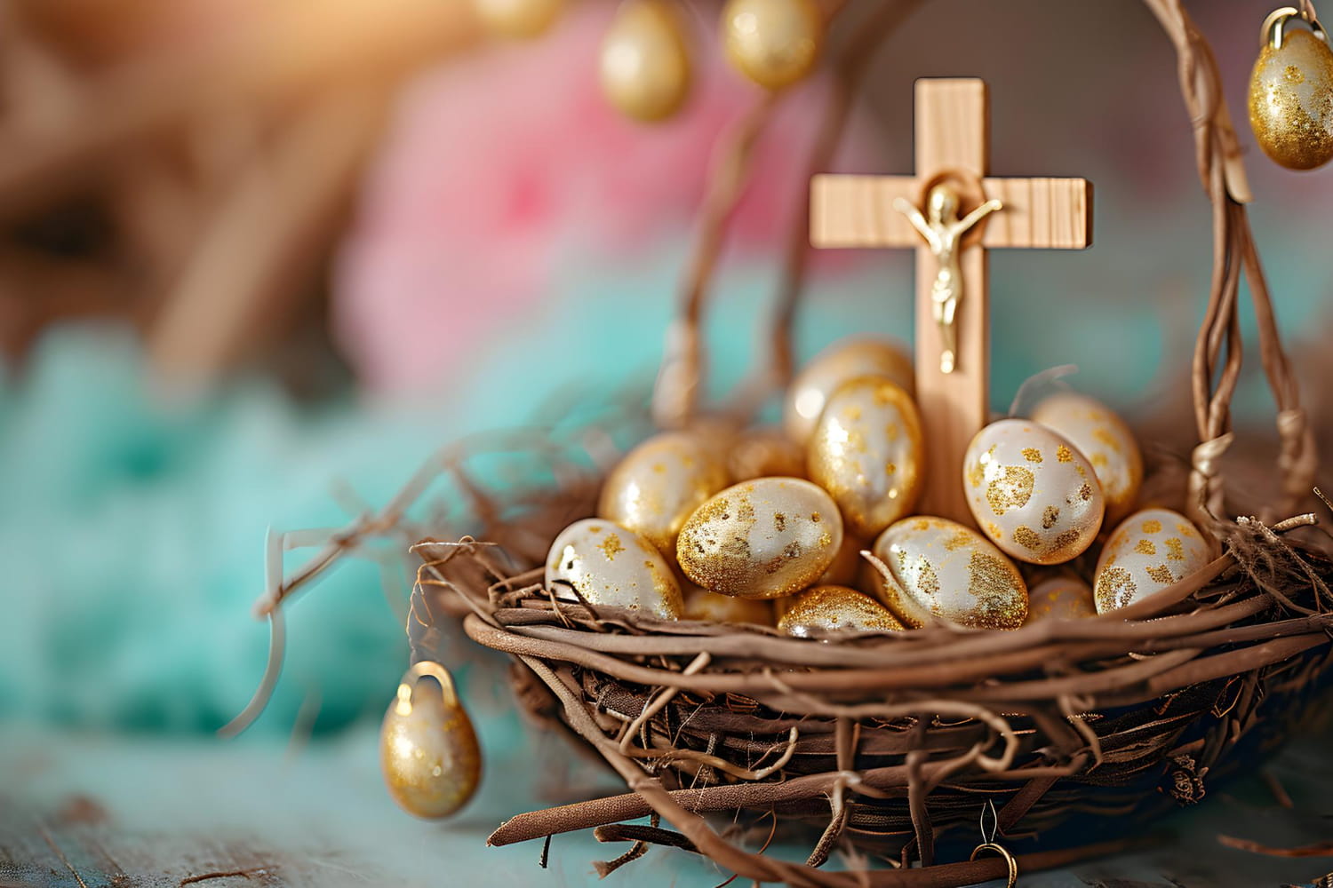 Golden eggs in an Easter story nest